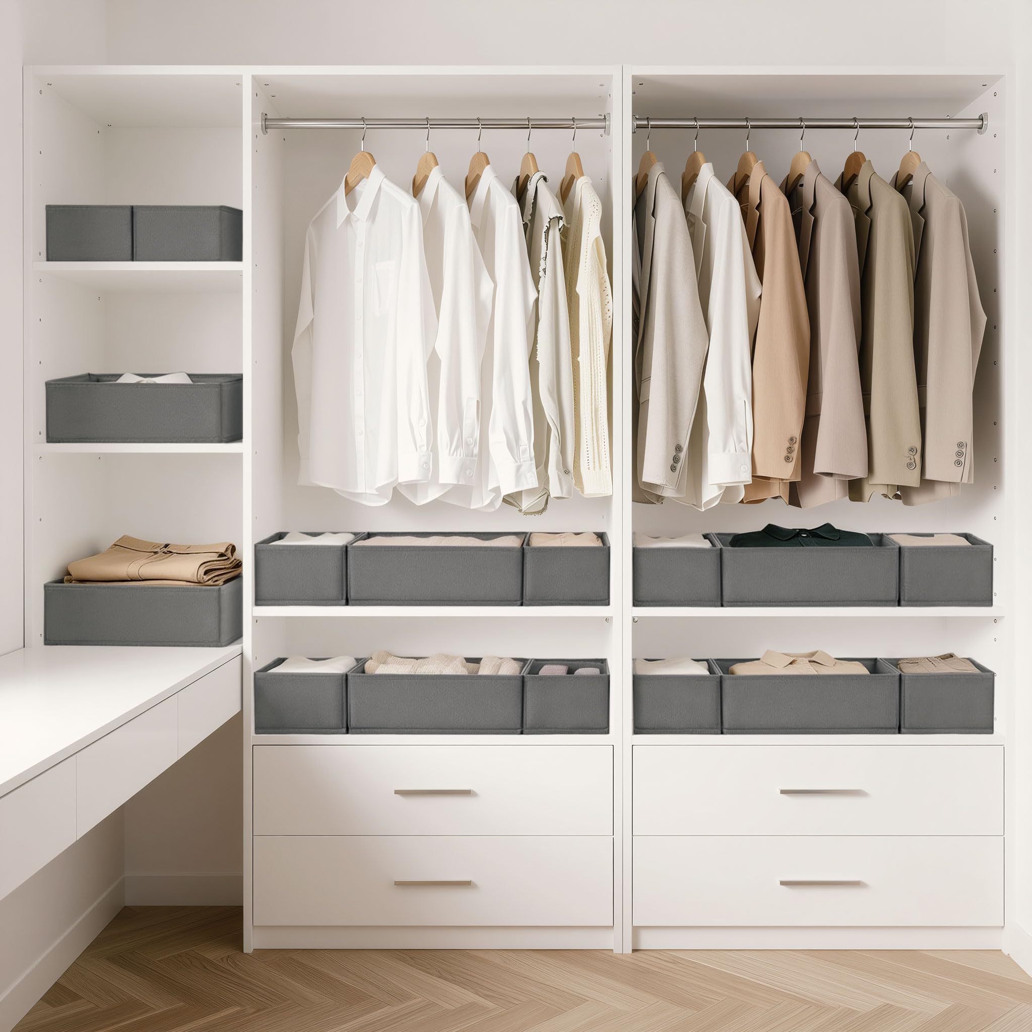 Schubladen-Organizer aus Stoff, faltbare und waschbare Kleideraufbewahrungskörbe, Schubladenteiler für Schlafzimmer, Kommode, Kinderzimmer, Kleiderschrank-Organisation (Grau, 12 Set)