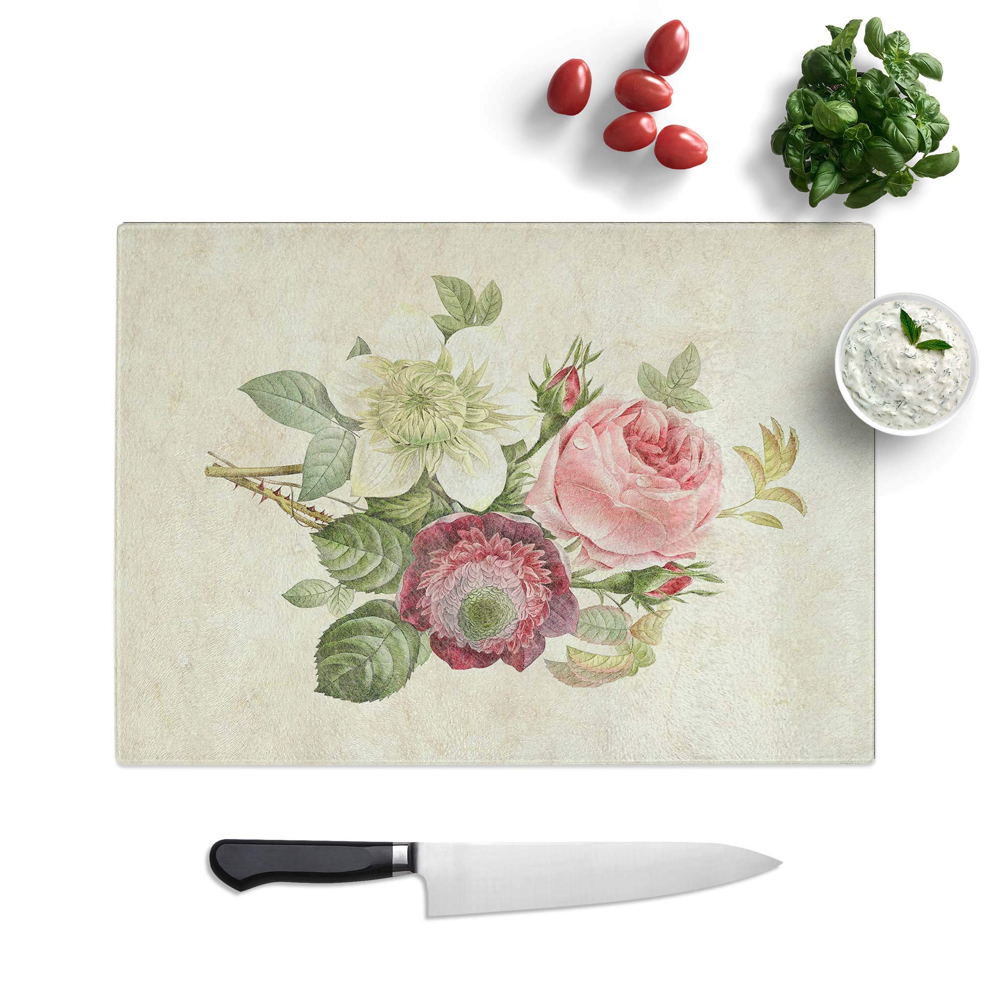 Glass Chopping Board - Pink Anemone Rose by Pierre-Joseph Redoute - Textured Worktop Saver Cutting Board - Heat Resistant, Shatterproof and Hygenic - 28.5 x 20 cm