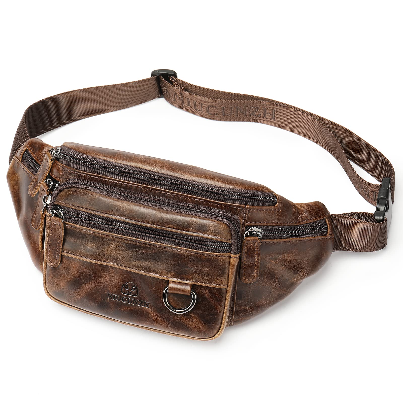 Genuine Leather Fanny Pack HandMade Durable cowhide Waist Bag Lots of Anti-theft zipper pocket Waxed Brown