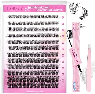 Lash Clusters Kit DIY Lash Extension Kit D Curl 0.07 Natural Eyelash Extension Clusters Wispy Lash Clusters with Lash Bond and Seal Lash Tweezer for Self Application(F34-0.07D, 8-16mm Kit)