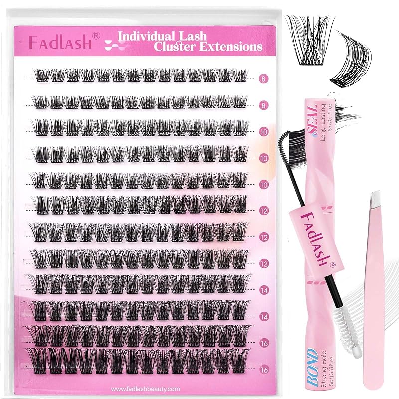 Kit de cílios em tufos FADLASH F34-0.07D com curvatura D, 8–16 mm, adesivo e pinça