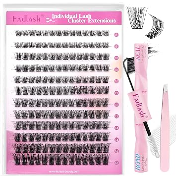 FADLASH Lash Clusters Kit DIY Lash Extension Kit D Curl 0.07 Natural Eyelash Extension Clusters Wispy Lash Clusters with Lash Bond and Seal Lash Tweezer for Self ApplicationF34-0.07D, 8-16mm Kit