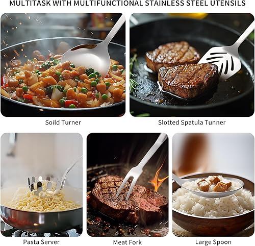 Miniatura 5 de Juego de utensilios de cocina de acero inoxidable 304  9 utensilios de cocina, juego de espátulas de cocina de metal, juego de herramientas de