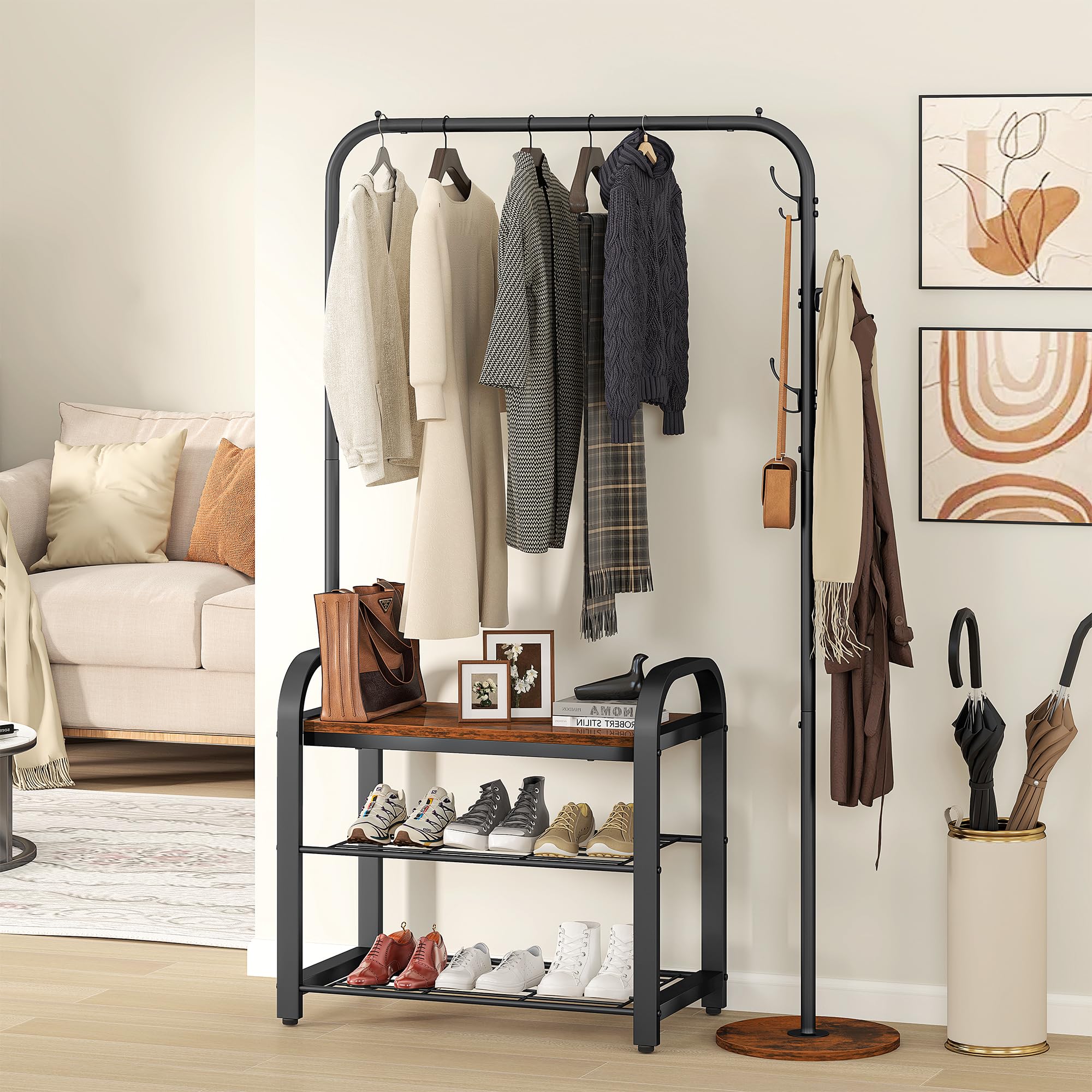 YITAHOME Perchero con zapatero, Perchero industrial con banco para zapatos, Perchero de pie con 3 ganchos, Perchero para ropa, Riel para ropa, Colgador, para sala de estar, pasillo, vestíbulo