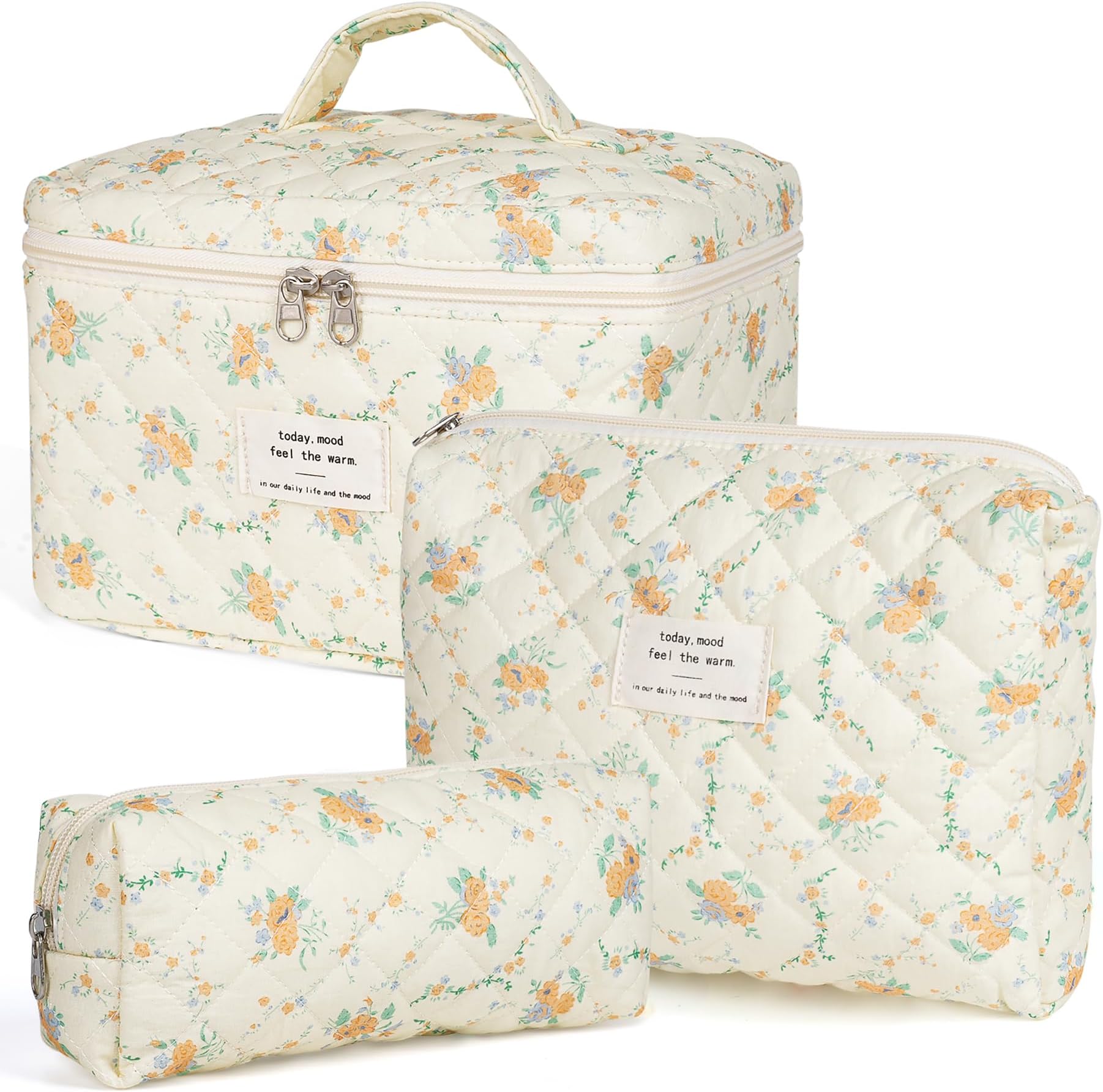 honittyMakeup Bag,Quilted Cosmetic Bags,Large Floral Make Up Organize bag,Makeup Bag Set for Women,Flower Travel Toiletry Bag