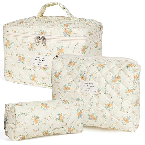 3 bolsas de maquillaje acolchadas de algodón, bonita bolsa de cosméticos para mujeres, juego de bolsas de maquillaje estéticas de coqueta floral,