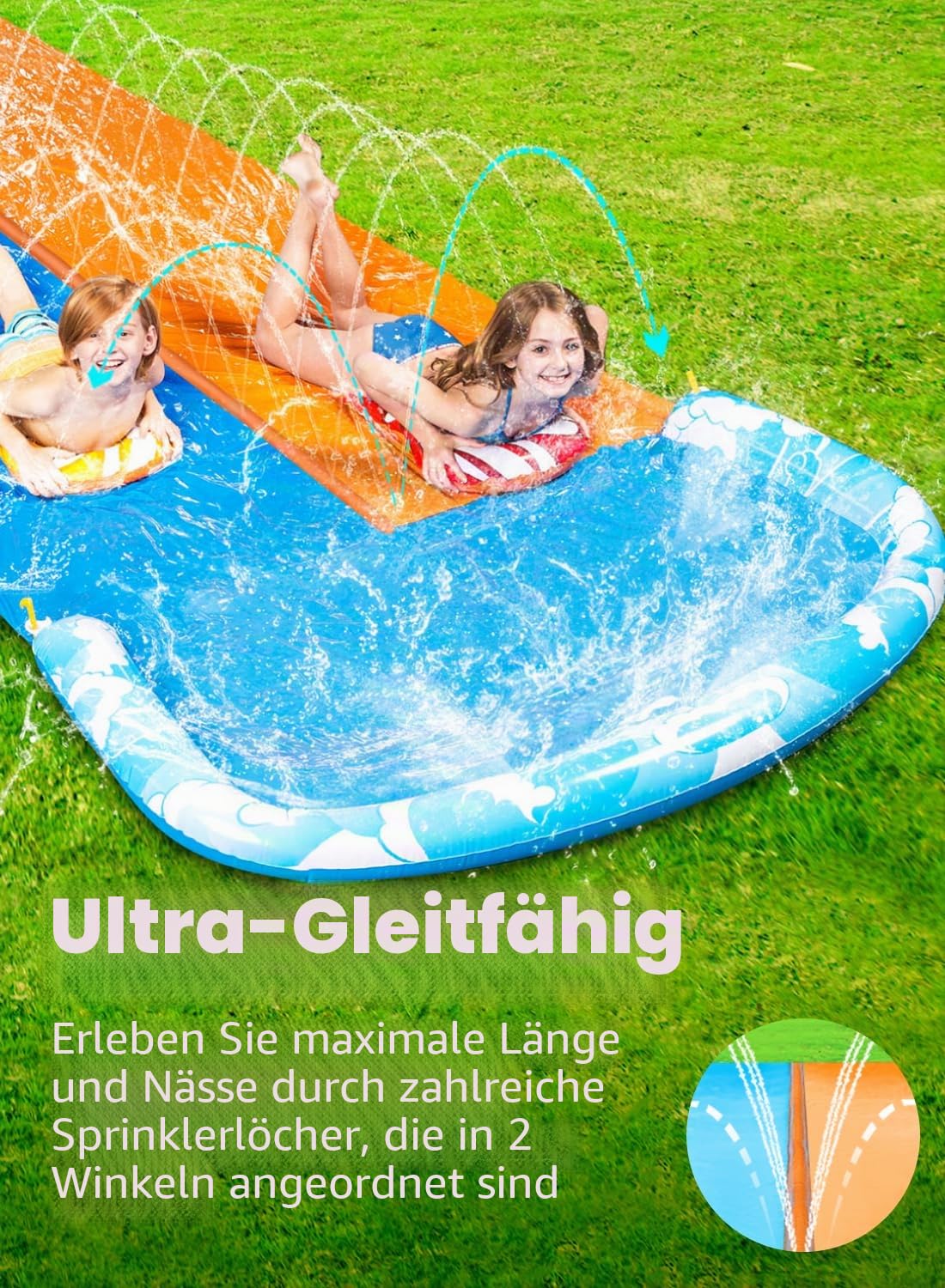 JOYIN 685 cm Rutsche und Wasserrutsche mit 2 Bodyboards, eingebautem Sprinkler für Garten