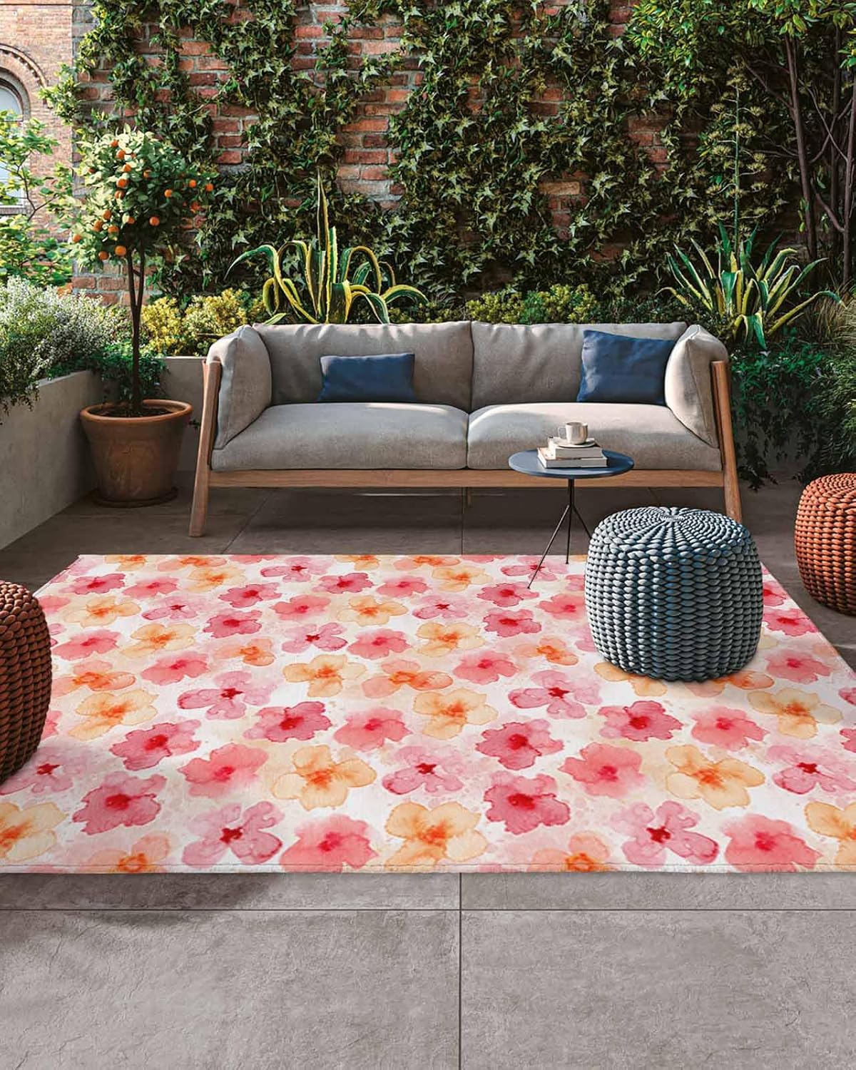 Outdoor Rug 4' x 6' for Patios, Red Orange Spring Floral Non Slip Outside Carpet for Front Door, Watercolor Summer Botanical Indoor Outdoor Carpet for Camping, Deck, RV, Balcony, Porch