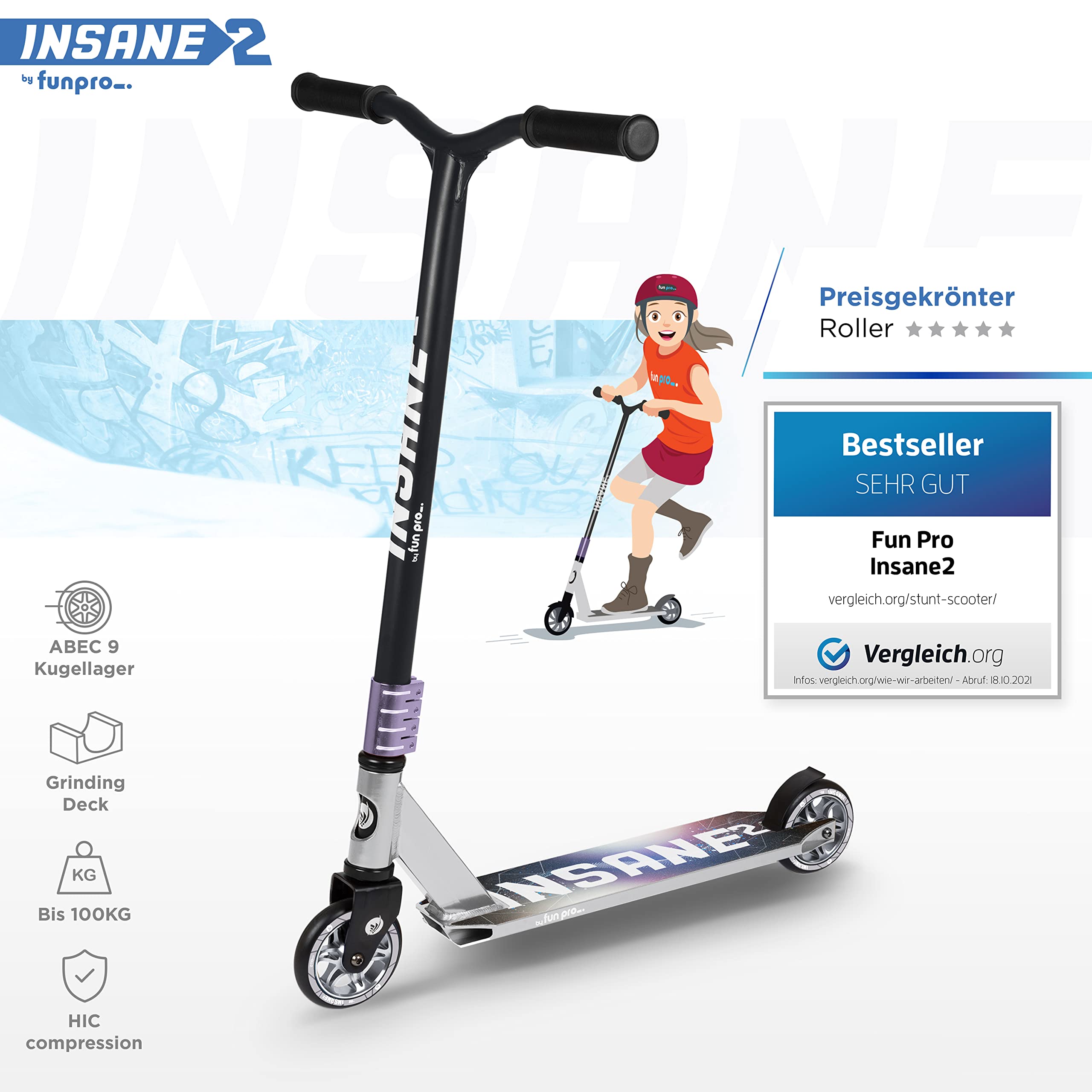 Fun Pro Insane2, Scooter acrobático hasta 100 KG, 36 Meses de garantía, ABEC9, HIC, Ruedas de 110mm con núcleo de Aluminio, Distribuidor de Hamburgo (Stunt Fun Trick Scooter)