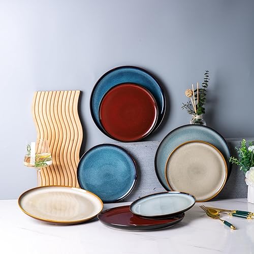 Miniatura 3 de Juego de 6 platos de cerámica de 8.5 pulgadas, platos de ensalada de porcelana ligera de esmalte reactivo, juego de vajilla de forma moderna para