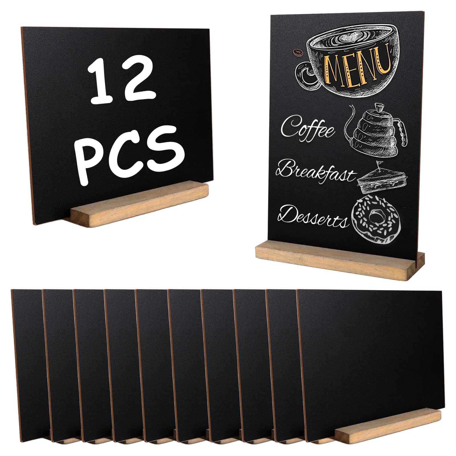APACALI 12PCS Ardoise Craie, 22 x 15 CM Petits Tableaux Noirs Double Face avec Supports en Bois, Mini enseignes de Table décoratives pour Mariage, Anniversaire, et Nourriture/Buffet