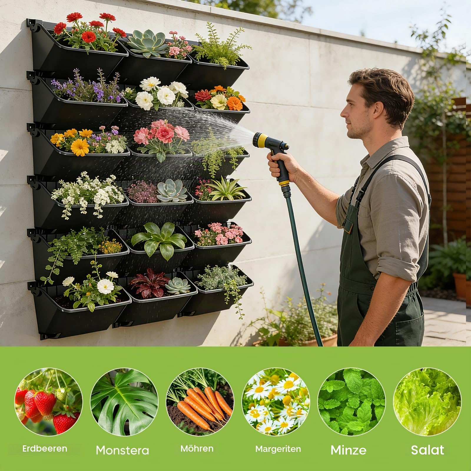 Vertikaler Garten, Pflanzturm Hängende Pflanztaschen mit 18 Töpfen Vertikaler Wandmontierter Pflanzgefäß Kräuter Obst Gemüse Blume Anbausystem für Drinnen Draußen Grüne Wand Platzsparende (Schwarz)