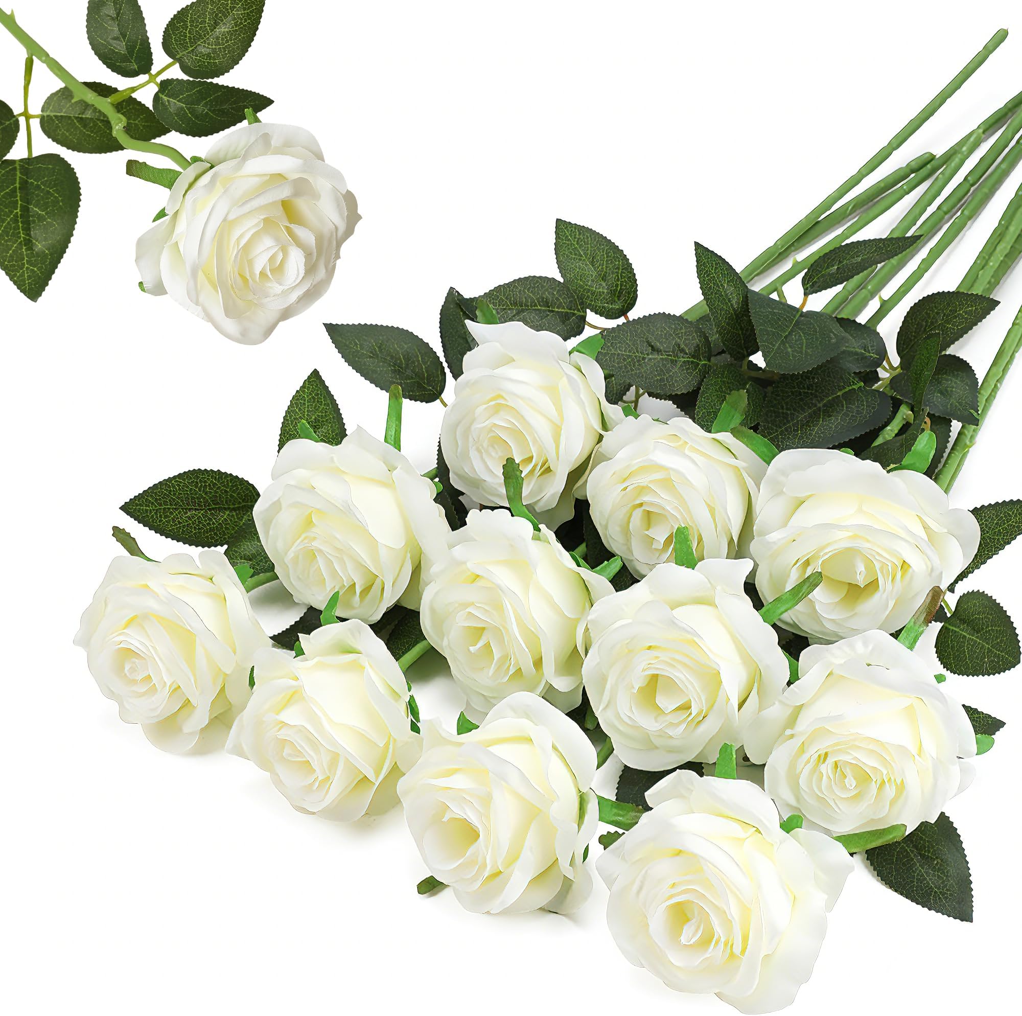 White Fake Roses Artificial Flowers - 10 Pcs Fake Artificial Roses Silk Flowers with Stems for Home Wedding Hotel Office Centerpiece Decor