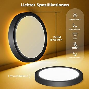 zemty 22 cm LED Ceiling Light Dimmable 15 W Ceiling Light with Remote Control Flat Ceiling Light Round with Night Light Function for Bedroom Bathroom Children's Room (Black Pack of 1) [Energy Class E]