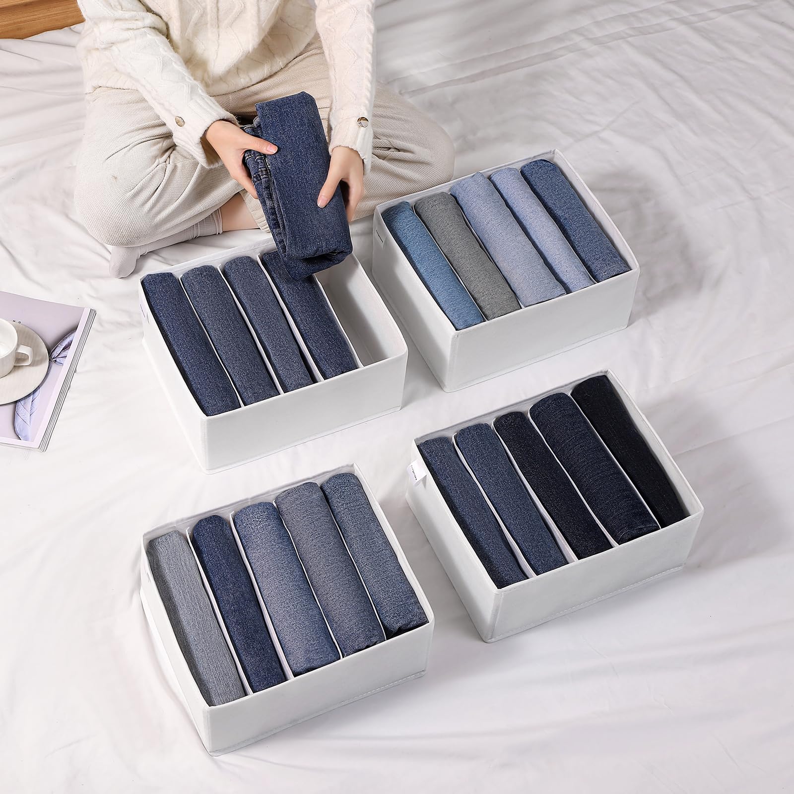 Paquete de 4 organizadores de cajones de jeans para ropa, organizador de ropa con 5 compartimentos de rejilla, organizadores de armario de tela lavable y contenedores de almacenamiento