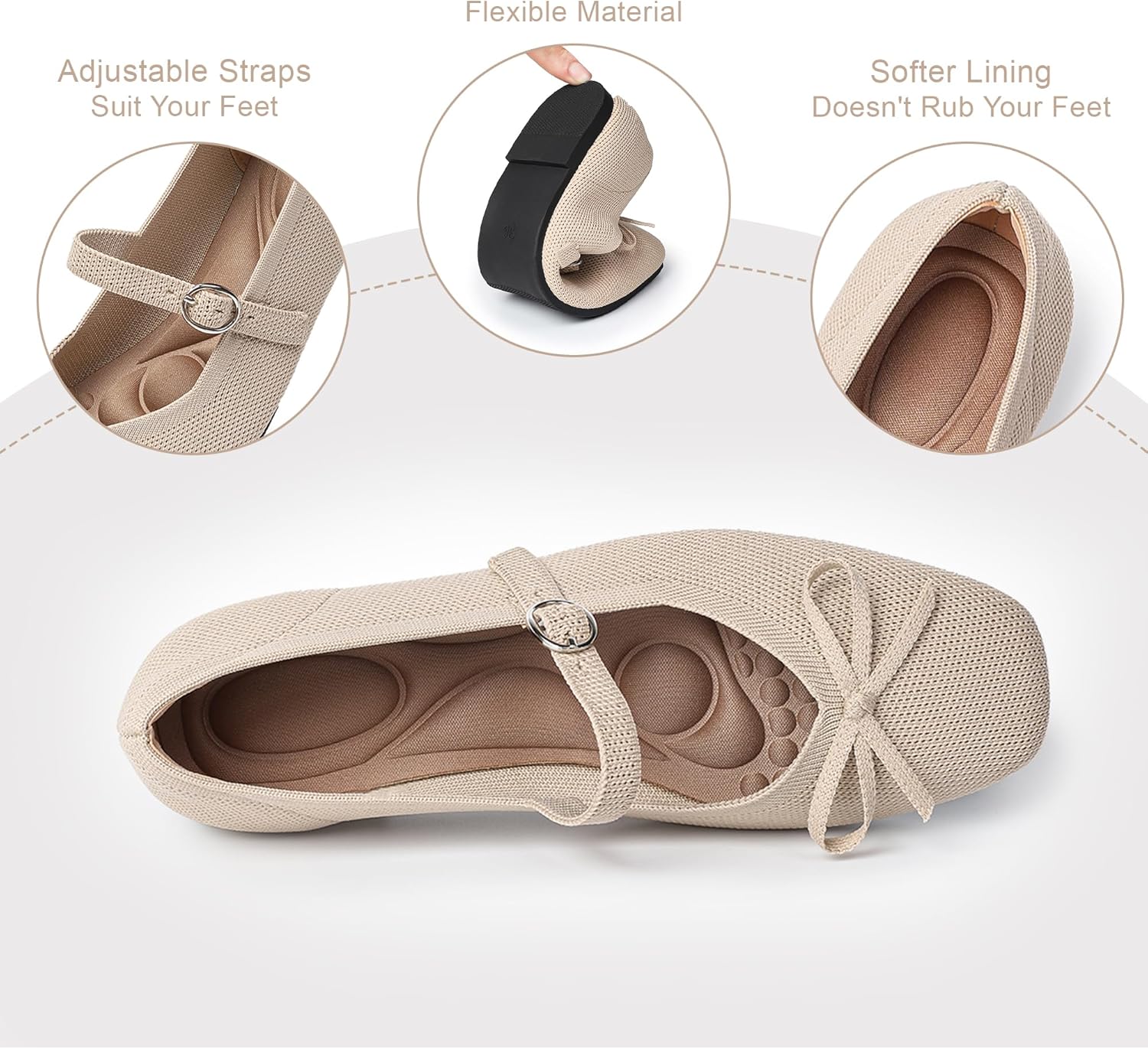 Knit Flats for Women Square Toe Flats Casual Ballet Flats with Ankle Strap,Washable Comfortable Dressy Mary Jane Flat - Image 5