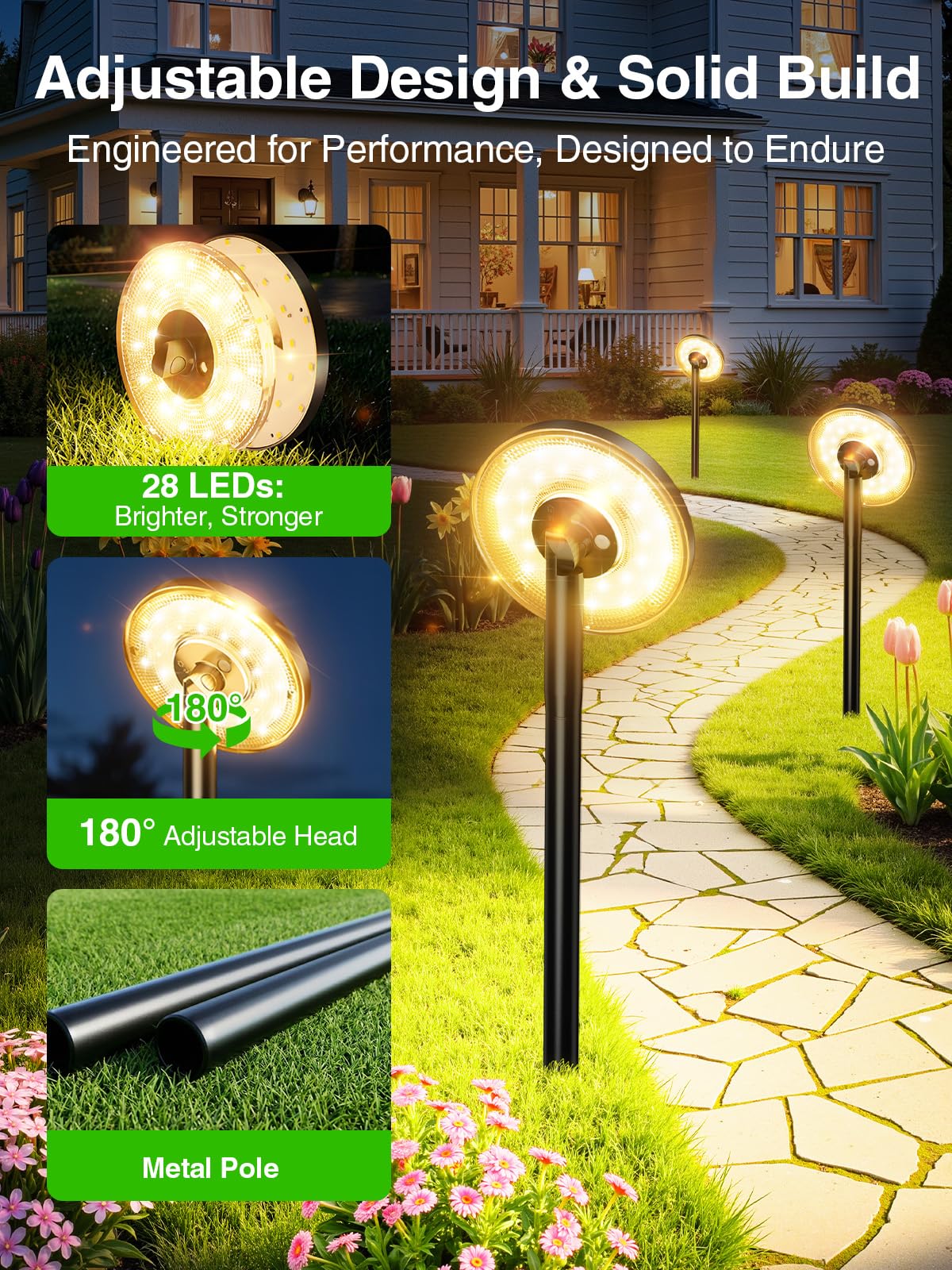 KOOPER - Luces solares de camino de 31 pulgadas de alto para exteriores, paquete de 6 luces solares de jardín ajustables de 180°, 2 modos de iluminación de 75 lm, iluminación de paisaje impermeable