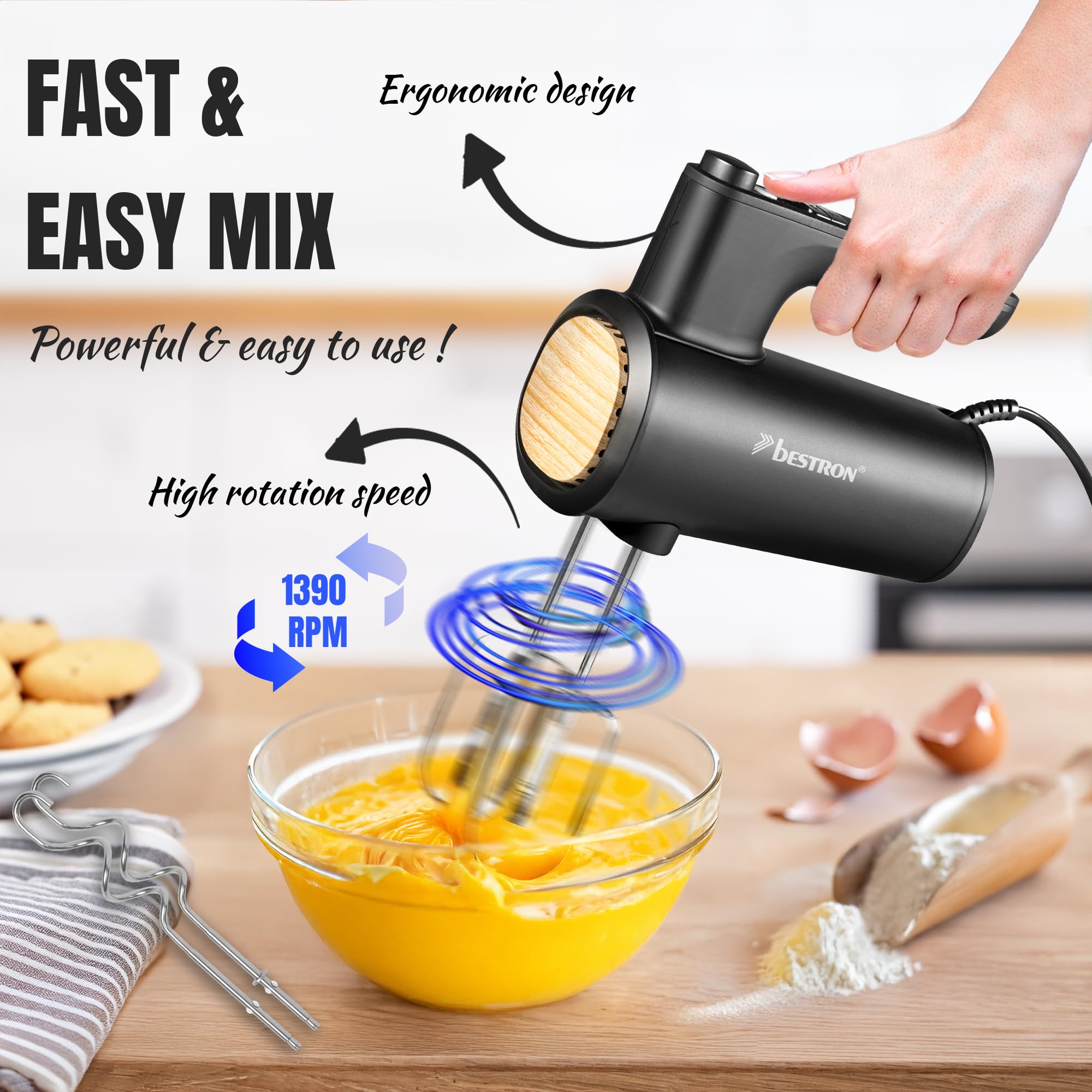 Bestron Power Handmixer, Leistungsstarker Handmixer mit 6 Stufen, Turbo-Funktion & LCD-Display, Rührgerät inkl. 2 Schneebesen & 2 Knethaken, Leichtgewicht von 1KG, Farbe: Schwarz/Holz