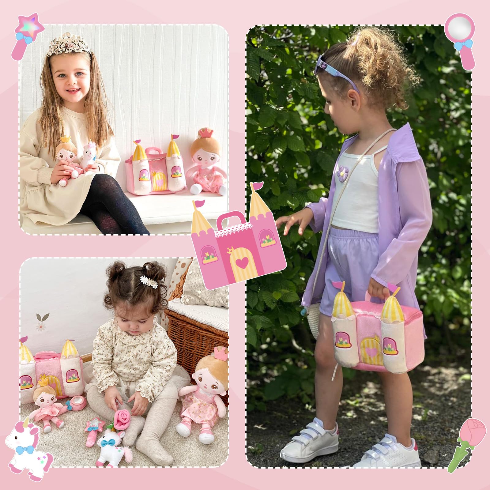 OUOZZZ Château Jouet de Princesse- avec 5 Jouets en Peluche，Peluche Licorne、Poupée de Chiffon、Cadeaux d'anniversaire pour Les Filles âgées de 1, 2 et 3 Ans