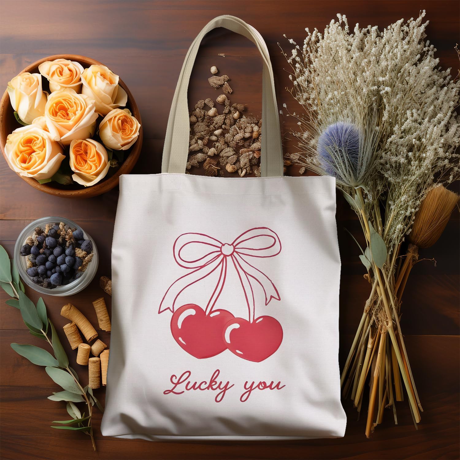 Coquette Pink Bow Lucky Magic 8 Ball Cherry Canvas Tote Bag Aesthetic, Coquette Stuff, Reusable Grocery Shopping Bags - Image 3