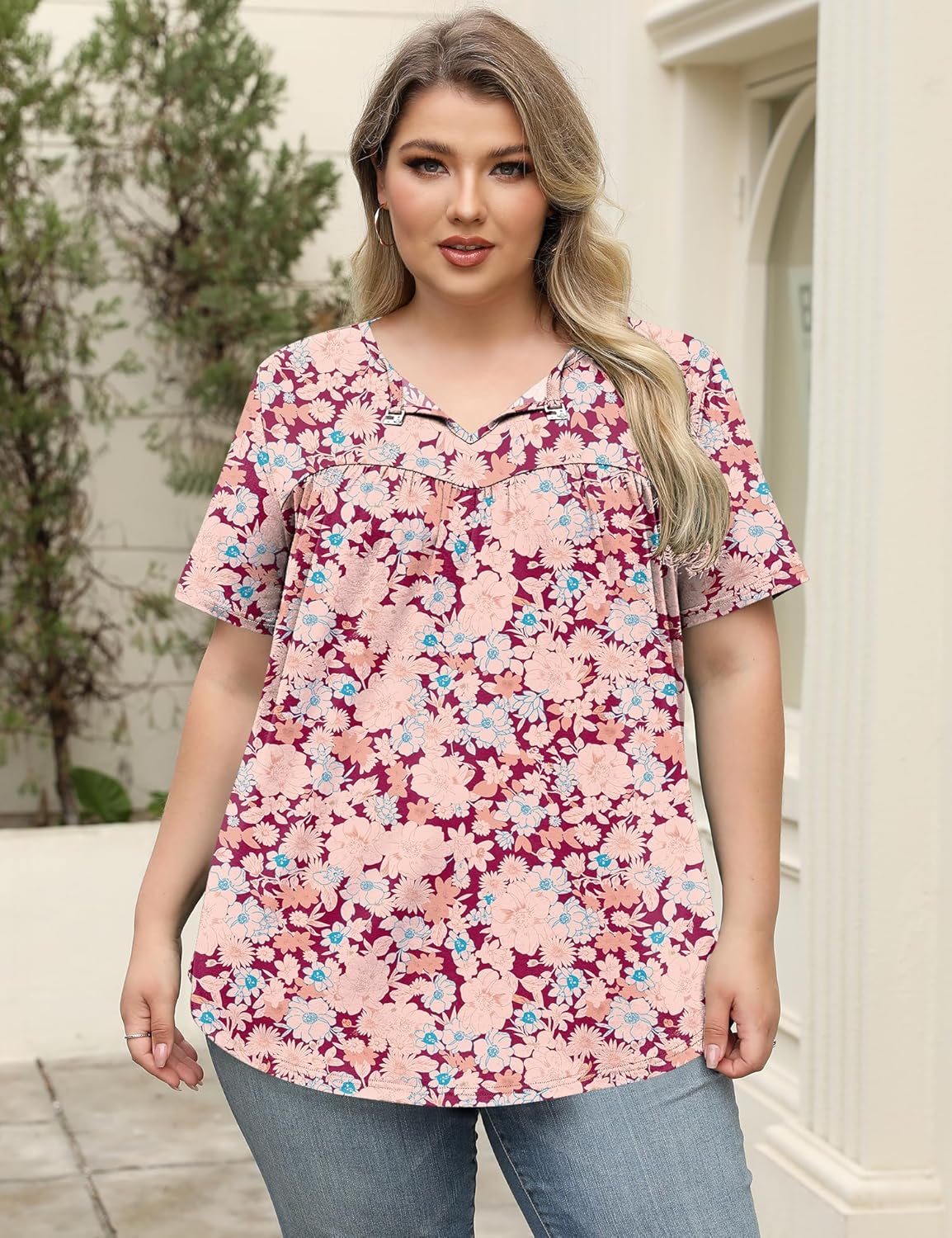 LOMON Womens Plus Size Tops Short Sleeve Shirts V Neck Pleated Keyhole Blouse Summer Casual Loose Tunic Tee 1X-5X - Image 3