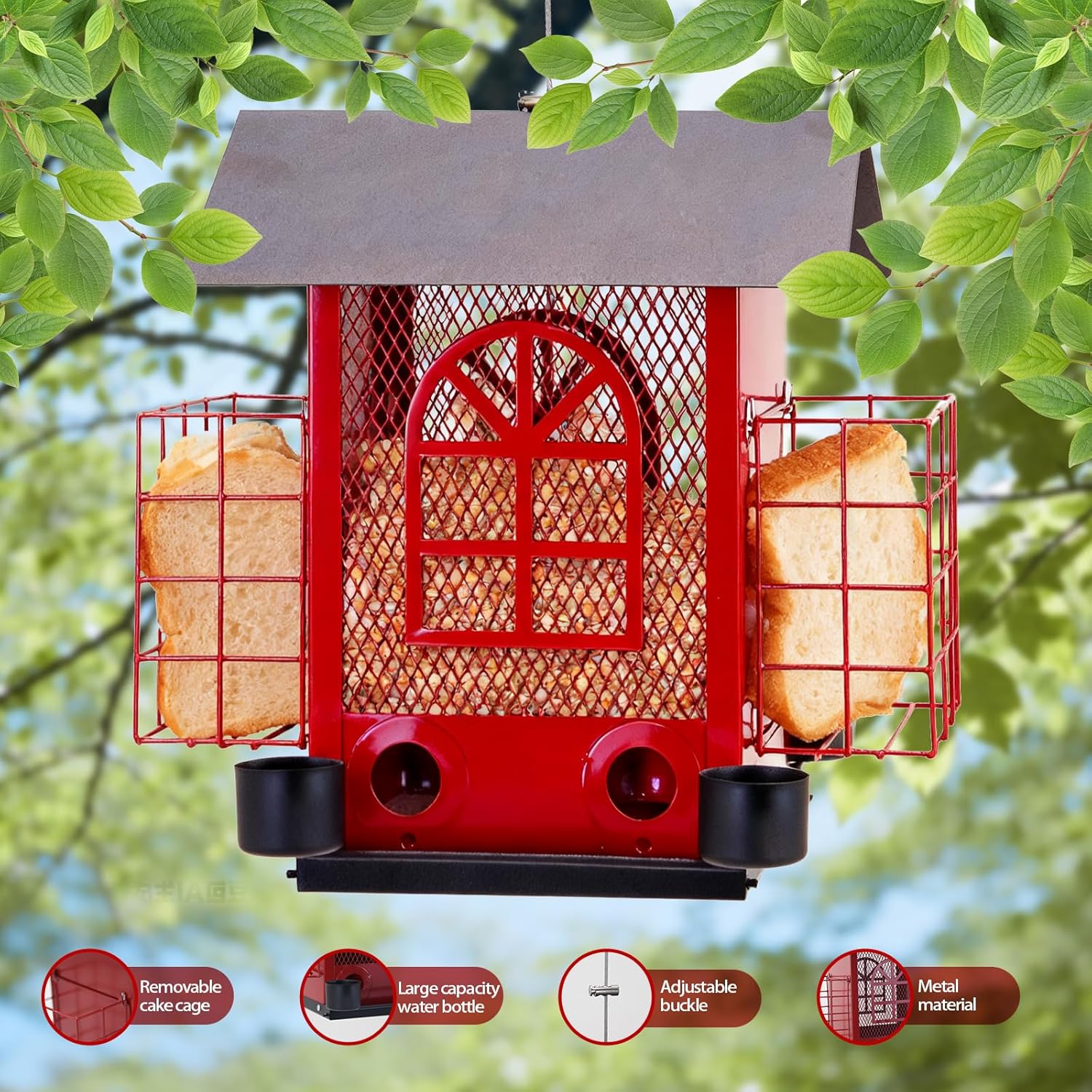 Outdoor Metal Hanging Bird Feeder Large Capacity Premium Wild Bird Feeder (Includes Bread Tray) Metal Mesh Design Multi-Compartment Food Storage Green (Red)