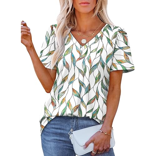 OFEEFAN T Shirts for Women V Neck Dressy Casual Blouses Puff Short Sleeve Summer Tops Loose Fit