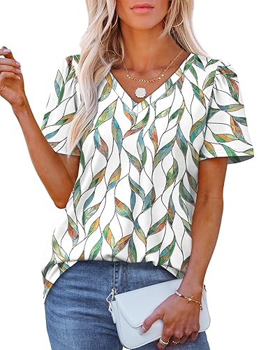 OFEEFAN T Shirts for Women V Neck Dressy Casual Blouses Puff Short Sleeve Summer Tops Loose Fit