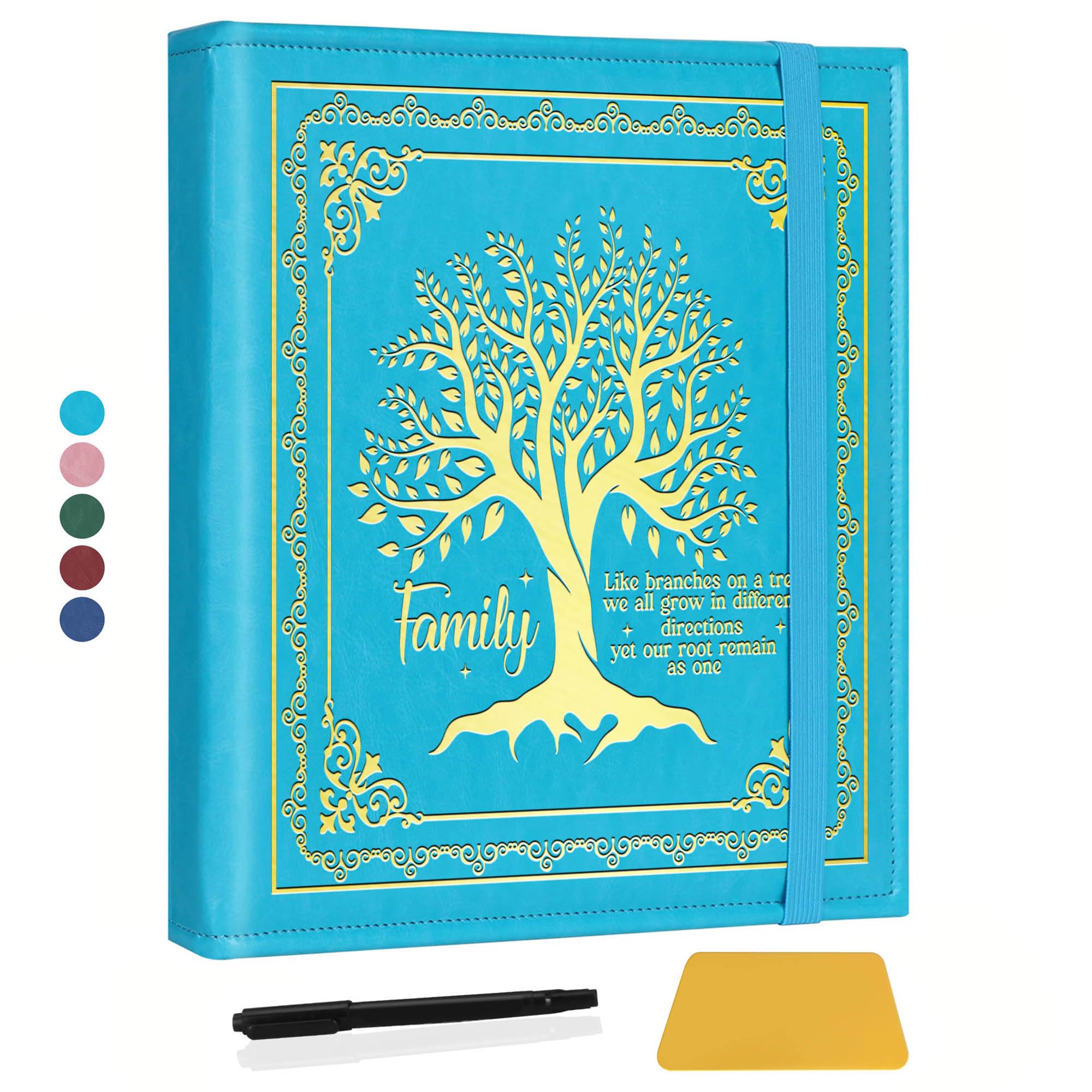 Álbum de fotos magnético autoadhesivo con página de árbol genealógico para fotos de 3 x 5, 4 x 6, 5 x 7, 6 x 8, álbum de fotos de piel para miembros de la familia (árbol azul claro)