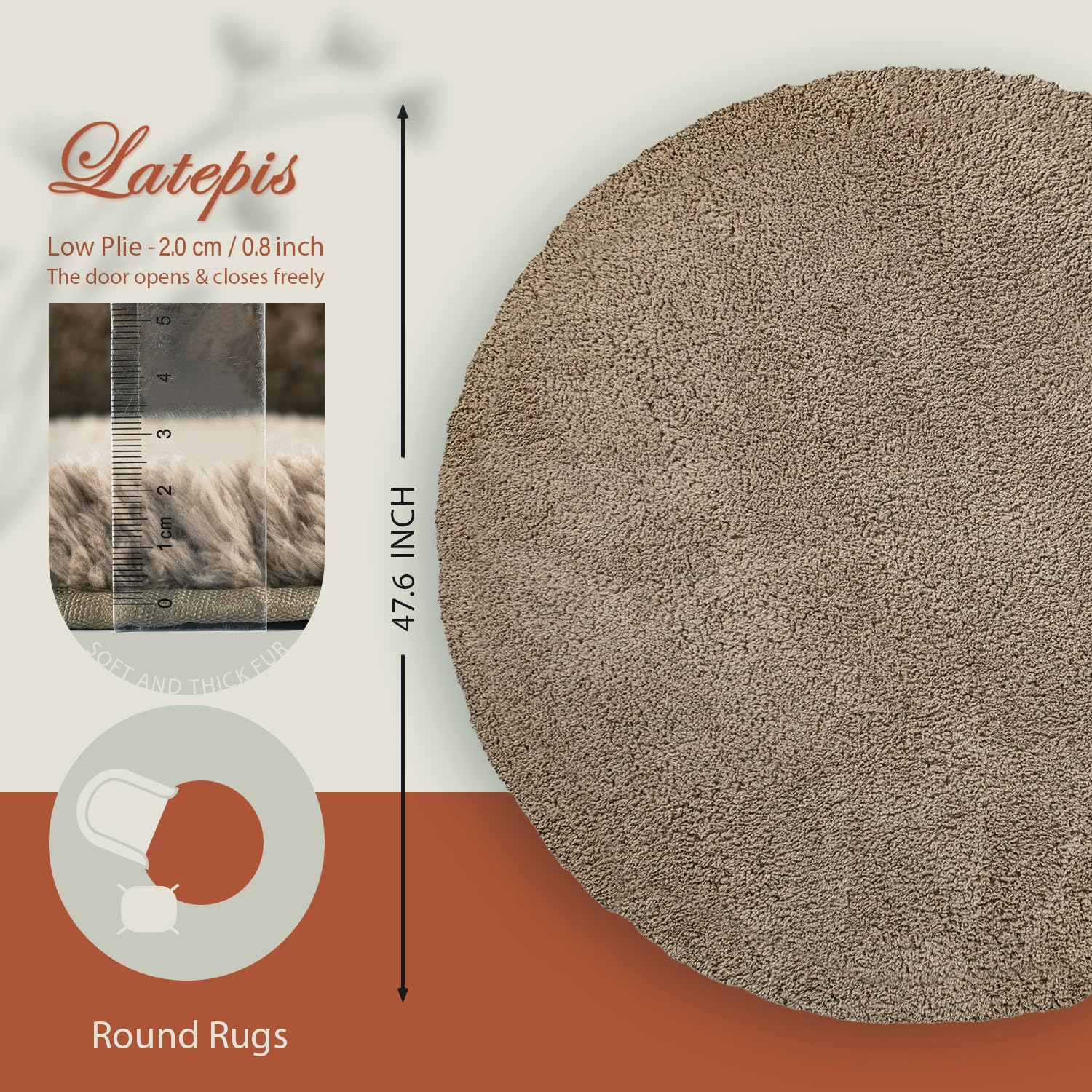 Latepis Runder Teppich Beige 120 cm Flauschig Schlafzimmer Wohnzimmer Fellteppich Kunstfell Teppich Hochflor Rund Badezimmer Kinderzimmer Waschbar rutschfest