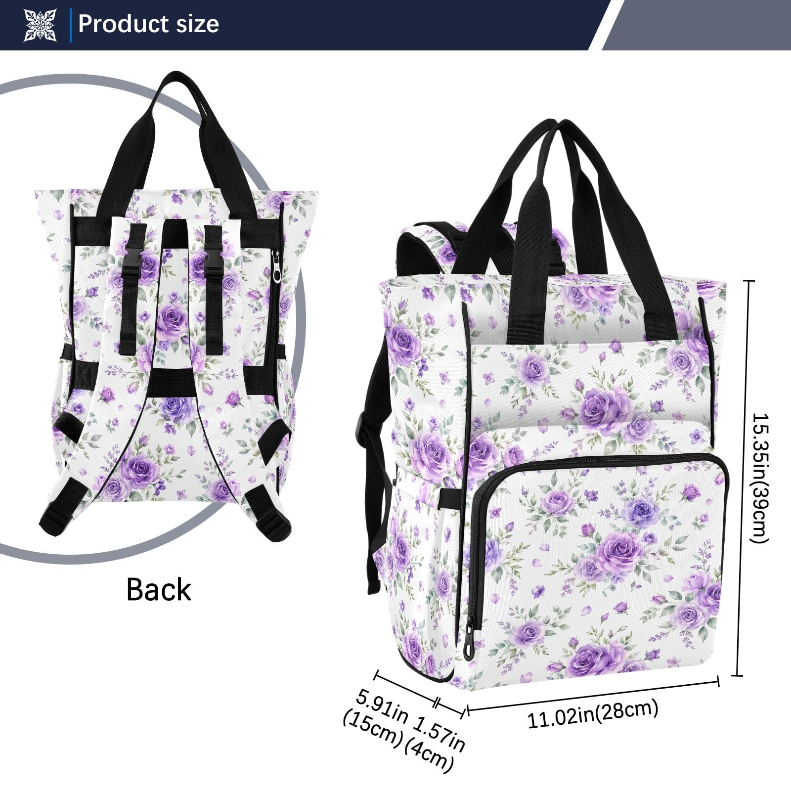 Mnsruu Borsa per pannolini per bambini viola con fiori zaino grande borsa impermeabile da viaggio borse per pannolini per mamme e papà