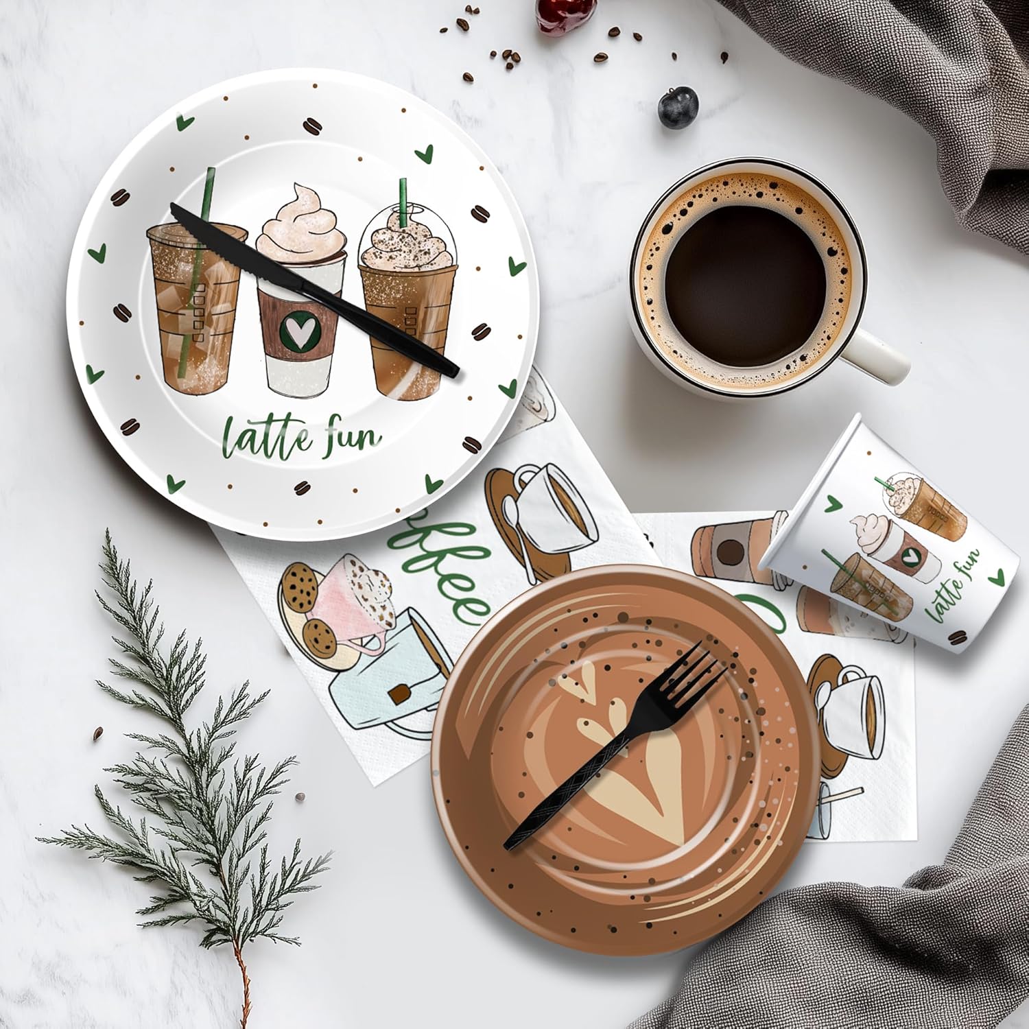 APOWBLS Coffee Party Decorations, Latte Fun Coffee Birthday Party Supplies, Paper Plates and Napkins Table Decorations, Cups, Tablecloth, Frappe Birthday Banner, Disposable Cutlery, Serves 24