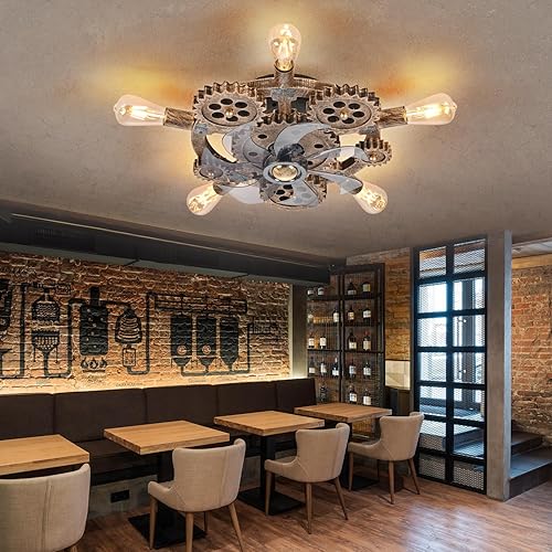 Miniatura 7 de Ventiladores de techo steampunk industriales retro de 20 pulgadas con luces y control remoto, ventilador de techo de perfil bajo sin aspas con luz,