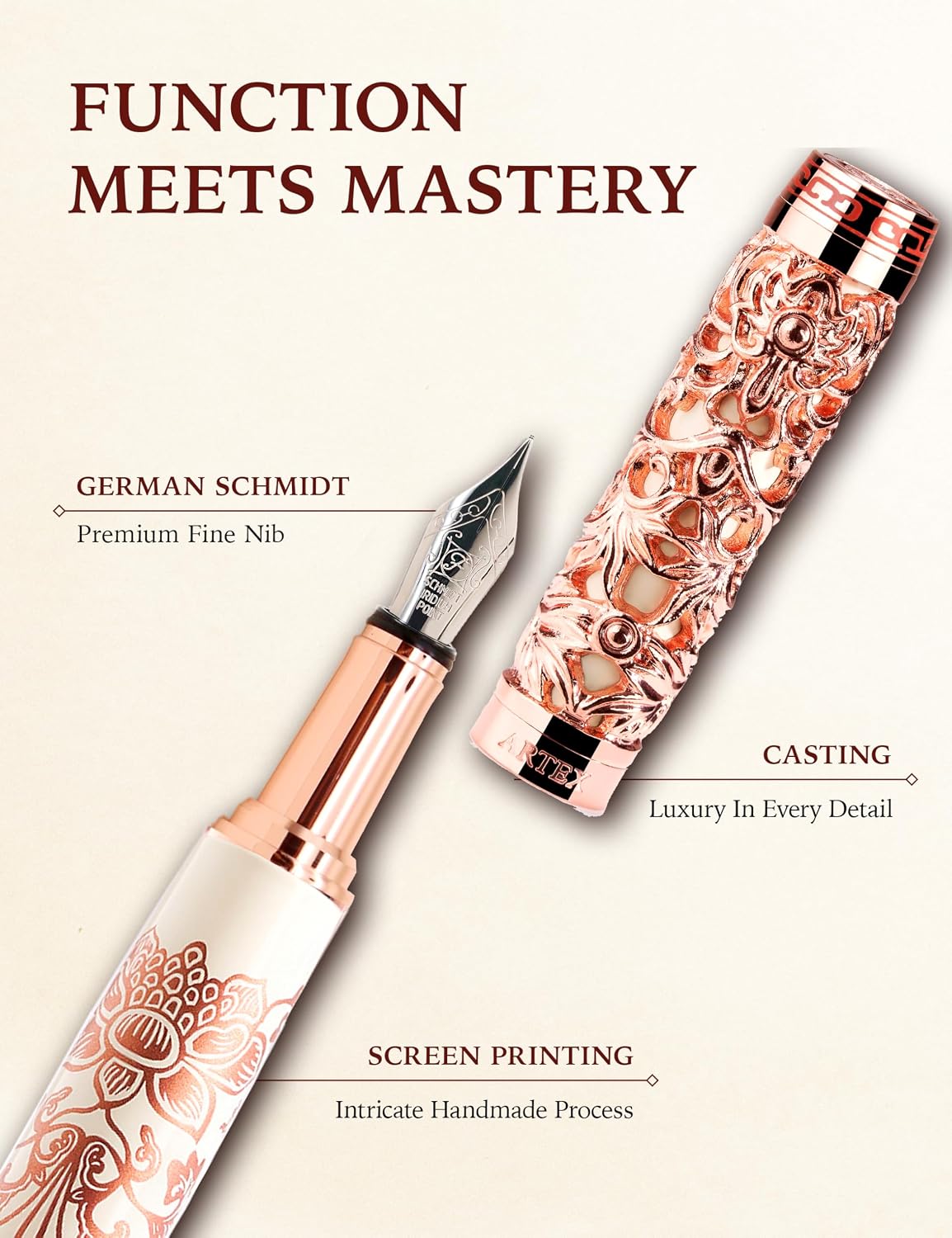 ARTEX Luxury Fountain Pen - Museum Art Collections - Crafting Timeless Beauty - the Best Gift & Office Desk Decor, German SCHMIDT Fine Nib, Solid Metal (Ivory and Rosegold Pen)