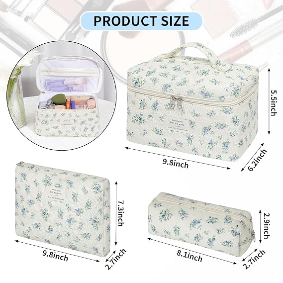 senbowe Floral Makeup Bag, 3 Pack Large Cotton Quilted Makeup Bag Set, Cute Floral Coquette Aesthetic Toiletry Bag Make Up Cosmetic Bag for Women, Toiletry Travel Make Up Organizer Bag