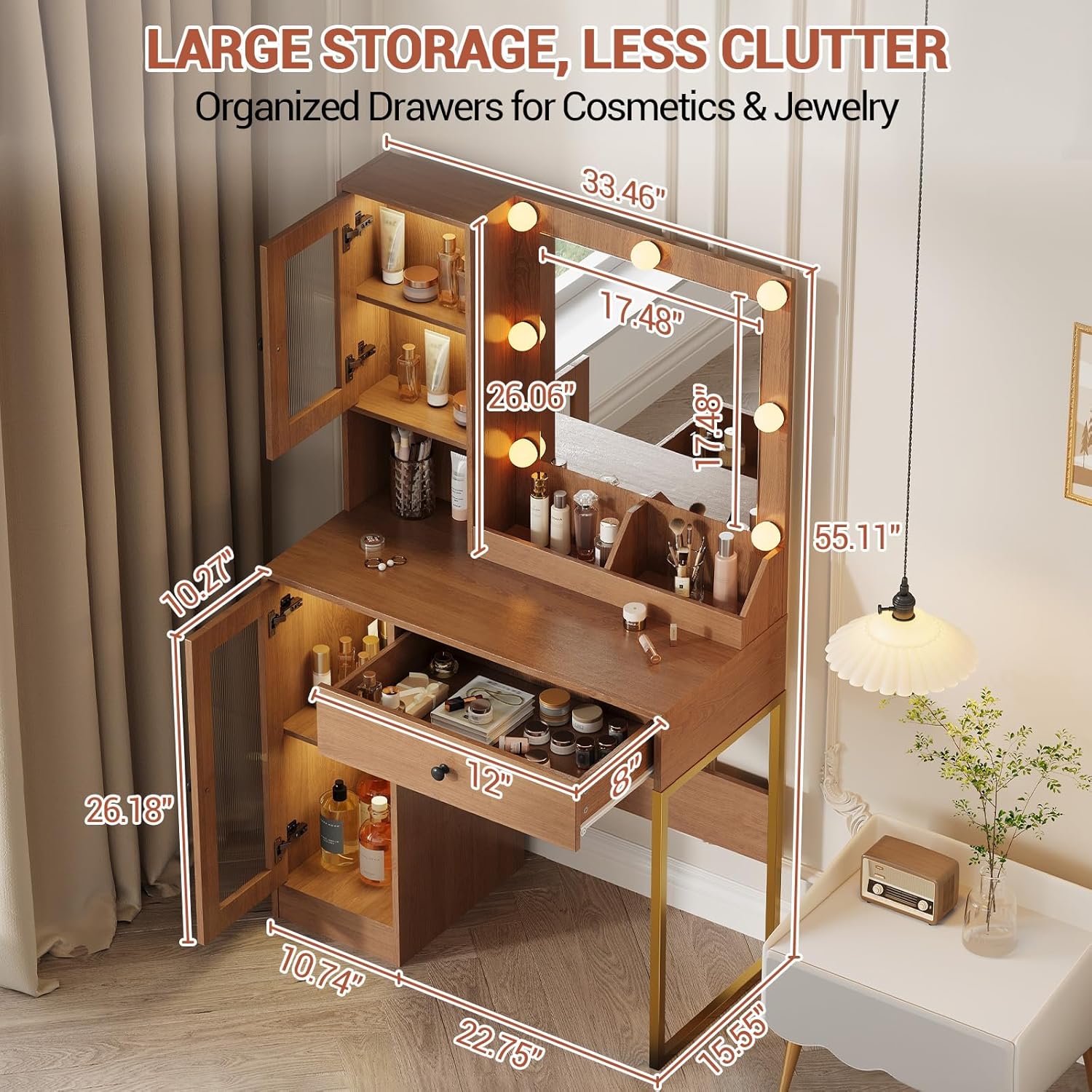 GAOMON Makeup Vanity Desk with LED Lights and Mirror, 3 Color Modes, Large Drawers & USB Charging Station, Dressing Table for Bedroom Decor, Wood