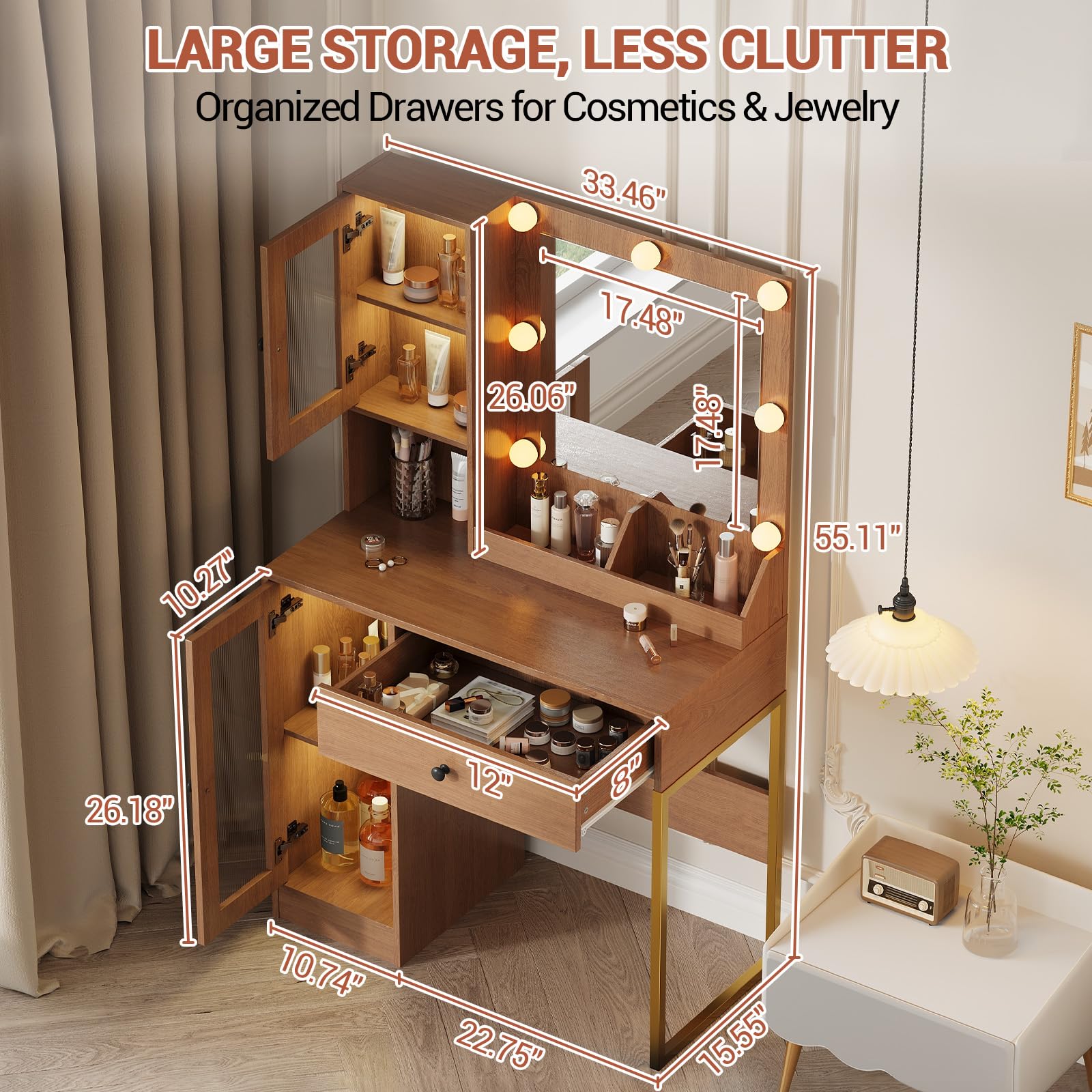 Tocador con Espejo e iluminación Elegante tocador con cajones y armarios, Espacio de Almacenamiento, MDF Resistente, Luces Regulables, enchufes Integrados y Puertos USB para Dormitorio