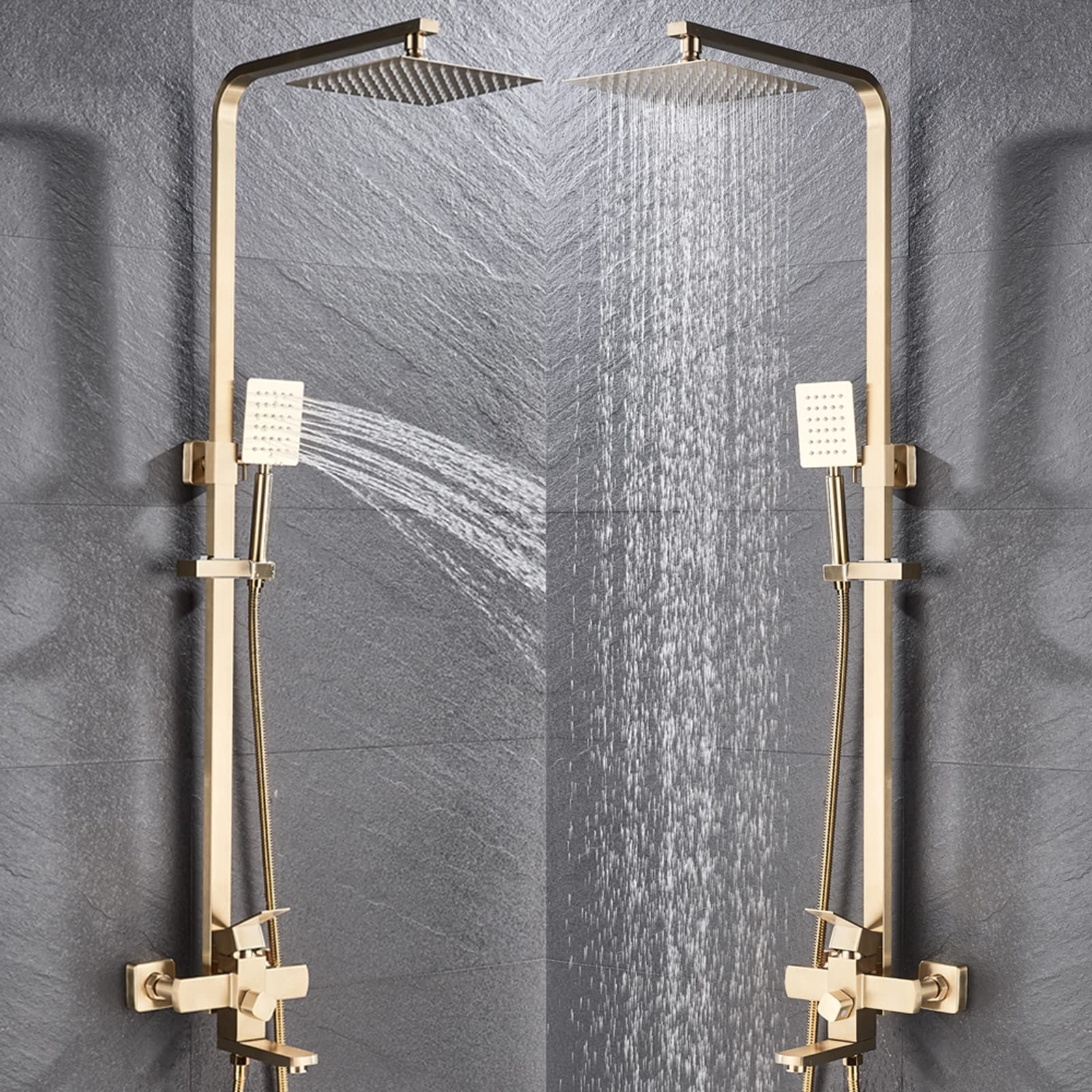 Set Doccia dal Design Moderno, Set Rubinetto Doccia, soffione Doccia a Pioggia in Oro Spazzolato a Parete con soffione Quadrato da 20 cm e doccetta, Colonna Doccia a Vista