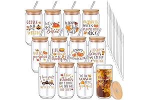 Tioncy 12 Pcs Fall Glass Cups with Bamboo Lids and Glass Straws