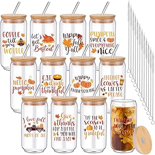 Tioncy 12 Pcs Fall Thanksgiving Glass Cups with Bamboo Lids and Straws Drinking Glasses Bulk Hello Pumpkin Ice Coffee Mug Jar Team Employees Gift, 16 oz Fall Glassware Tumbler for Women Men