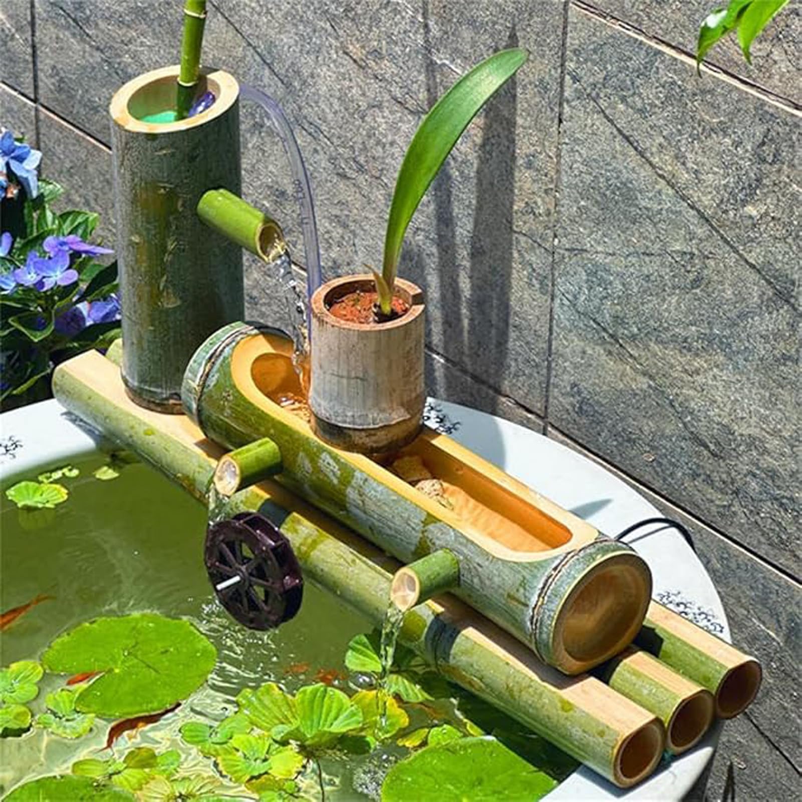 Kit Fontana in bambù Naturale, Elemento d'Acqua autoportante con Pompa Solare, Fontana da Giardino Zen, Decorazione acquatica per Esterni, con Ruota idraulica, per laghetto e Acquario.