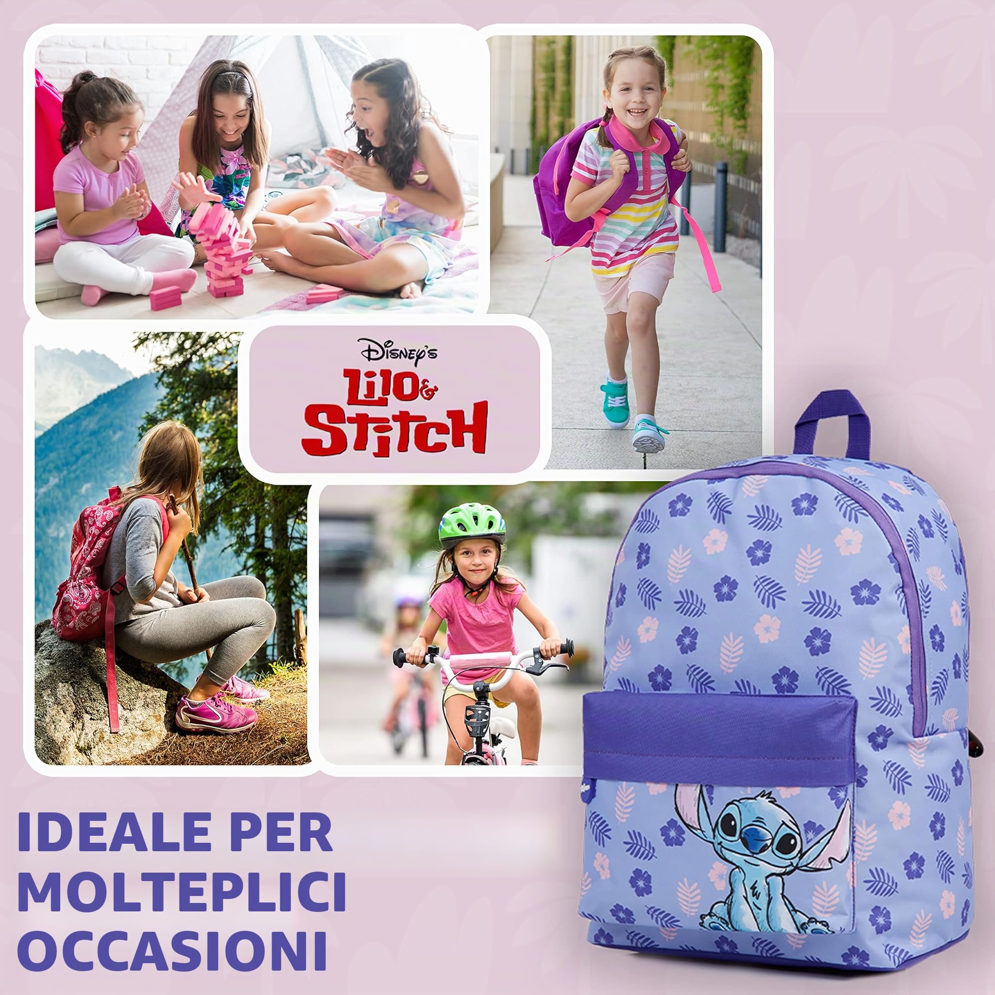 Disney Stitch Zaino Bambini Stitch Zainetto Scuola Elementar Zaino Scuola, Zaini Per Scuola Sport Viaggi (Viola)