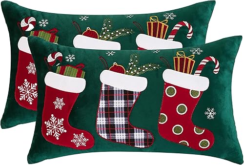 Tosleo Juego de 2 fundas de almohada de color verde de Navidad de 12 x 20 pulgadas, fundas de almohada bordadas de copo de nieve, decoraciones de