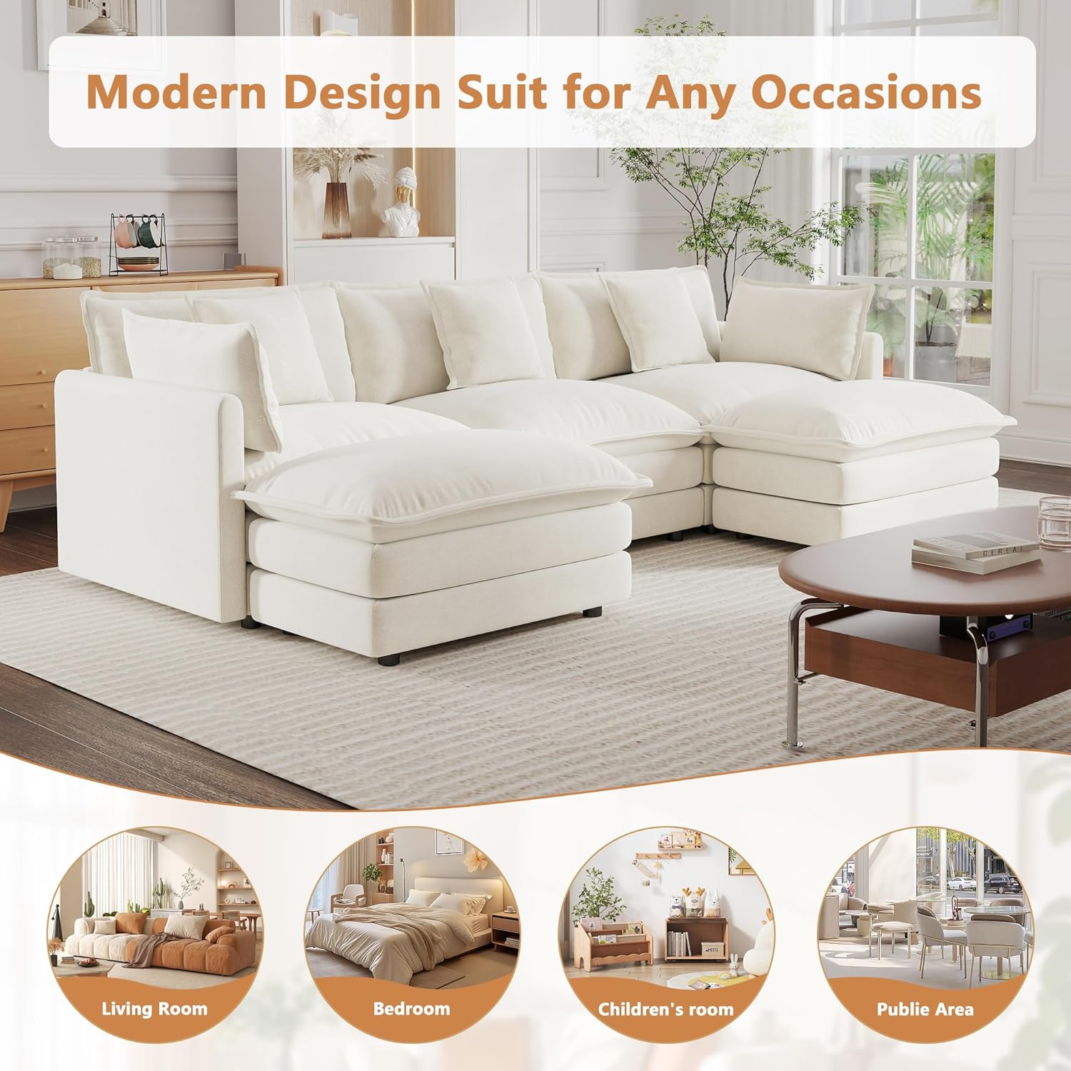 Setawix Modern Modular Sectional Sofa, 111.5" Upholstered Chenille 3-Seater with 2 Movable Ottomans Comfy U-Shaped Sofa, Oversized Deep Seat Cloud Couch with 5 Pillows for Living Room, Beige