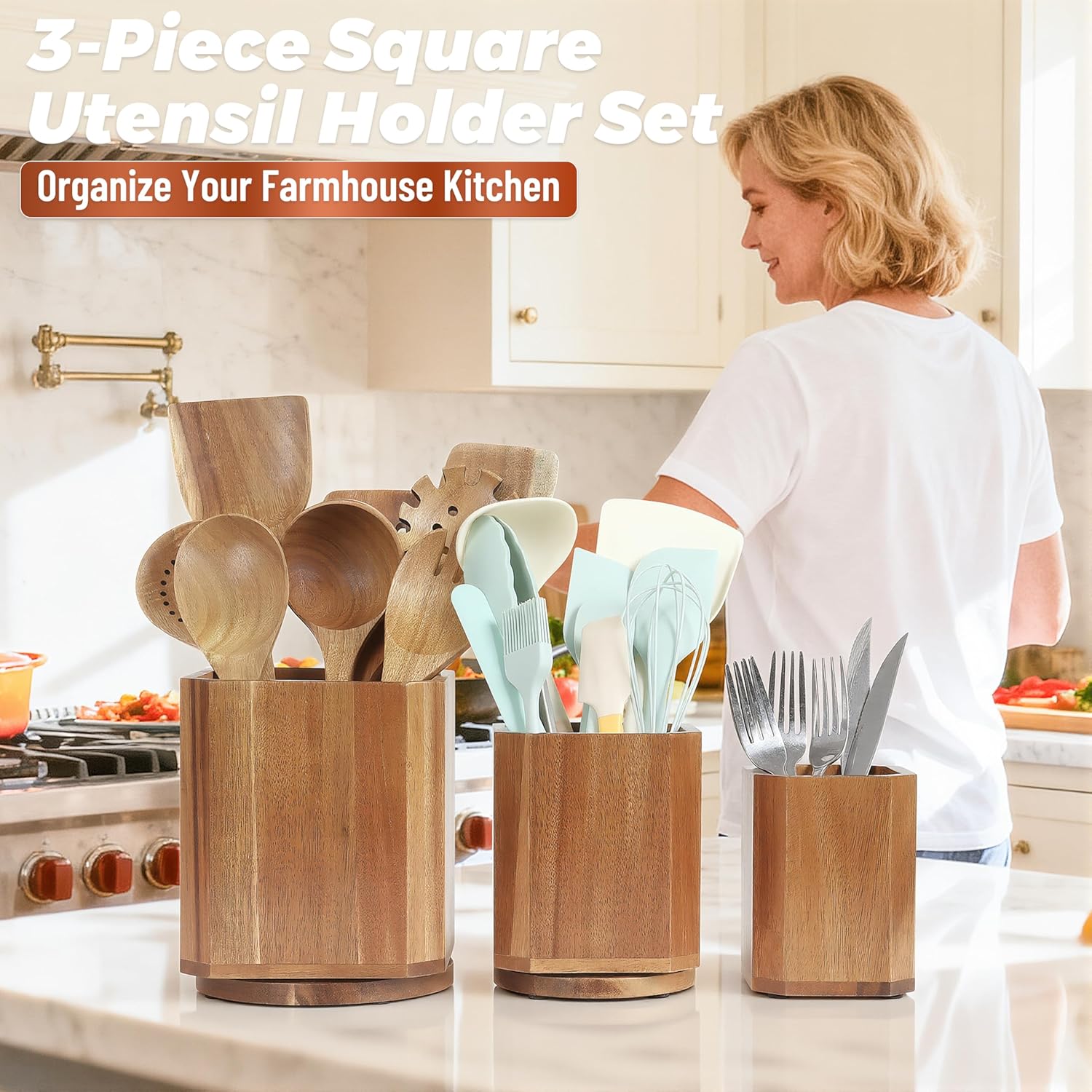 Wooden Utensil Holder Set: 3PCS Extra Large Acacia Wood Organizer with 360° Rotating Base for Kitchen Countertop - Farmhouse Storage Crock for Multi-Generation Family & Cooking Enthusiasts