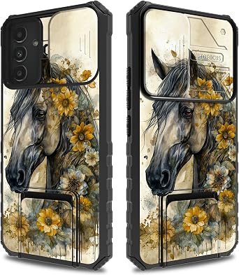 for Samsung A15 5G Case with Kickstand and Camera Cover Dual Layer Hard PC + Soft TPU Shock Proof Protective Phone Case for Samsung Galaxy A15 5G 6.5 inch 2023 - Yellow Sunflower Horse Head