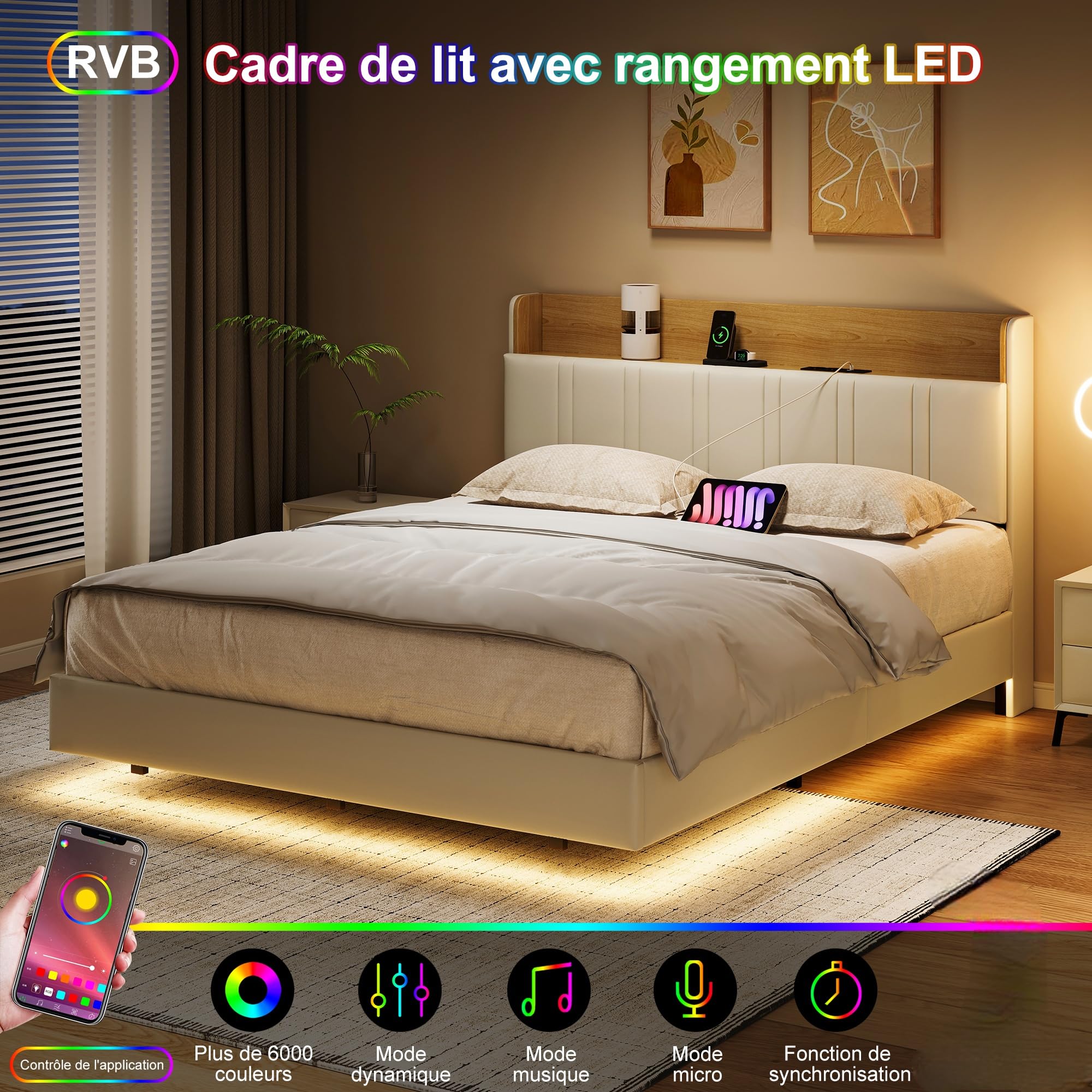 Lit Coffre 160x200 avec Sommier,Cadre de Lit avec Éclairage LED et Charge USB,Lits 2 Personnes avec Rangement de Tête de lit,lit Double 160x200 avec Cadre Flottant,PU, Blanc(sans Matelas)