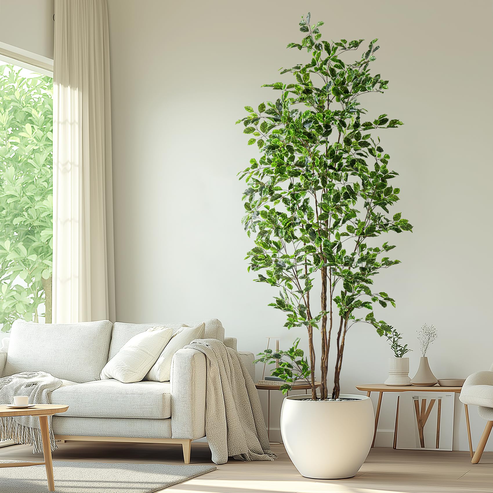 Artificial Ficus Tree Indoor 8ft, Large Potted Faux Tree with Realistic Silk Leaves & Trunk for Home Office, Living Room Corner Decor