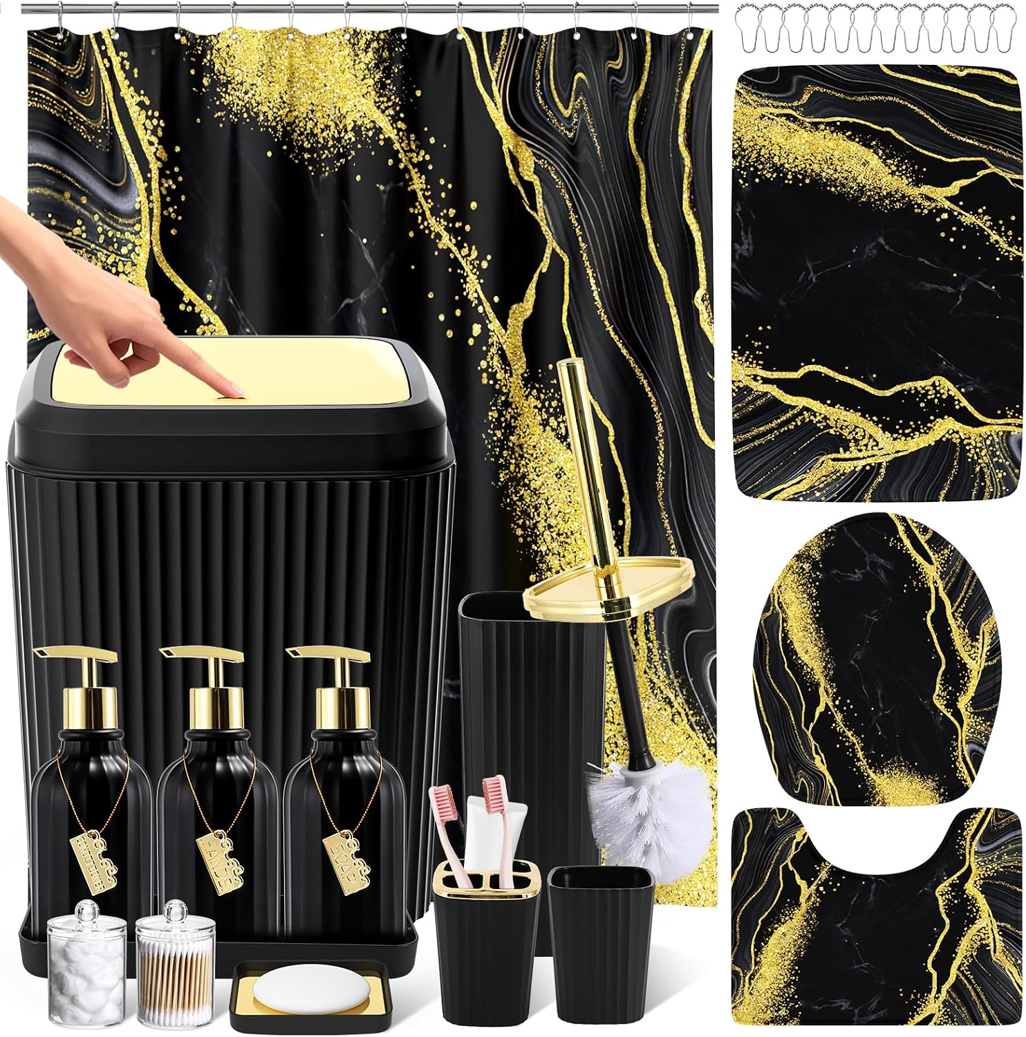 21PCS Bathroom Sets with Shower Curtain and Rugs Bathroom Accessories Set Black Bathroom Set Complete with Trash Can, Toilet Brush, Qtip Holder & 3PCS Soap Dispenser