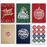 Paper Play Merry Christmas Cards Boxed with Envelopes, 20 Foil-Embellished 5x7 Inch Holidays Cards with Easy-Seal Kraft Envelopes & Matching Stickers - Bulk Assorted Designs for Festive Season